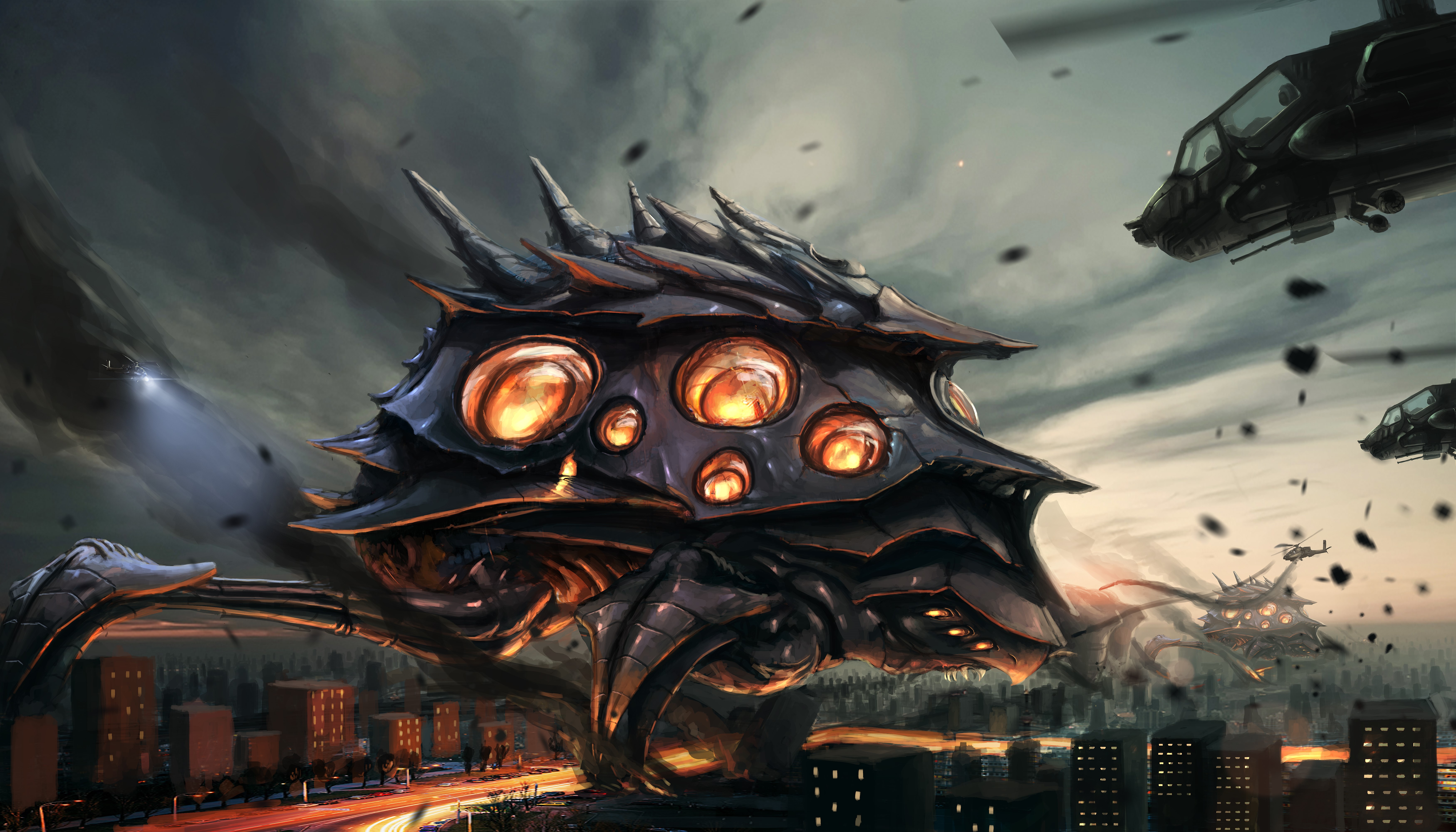 Giant alien creature and helicopters over city HD Wallpaper
