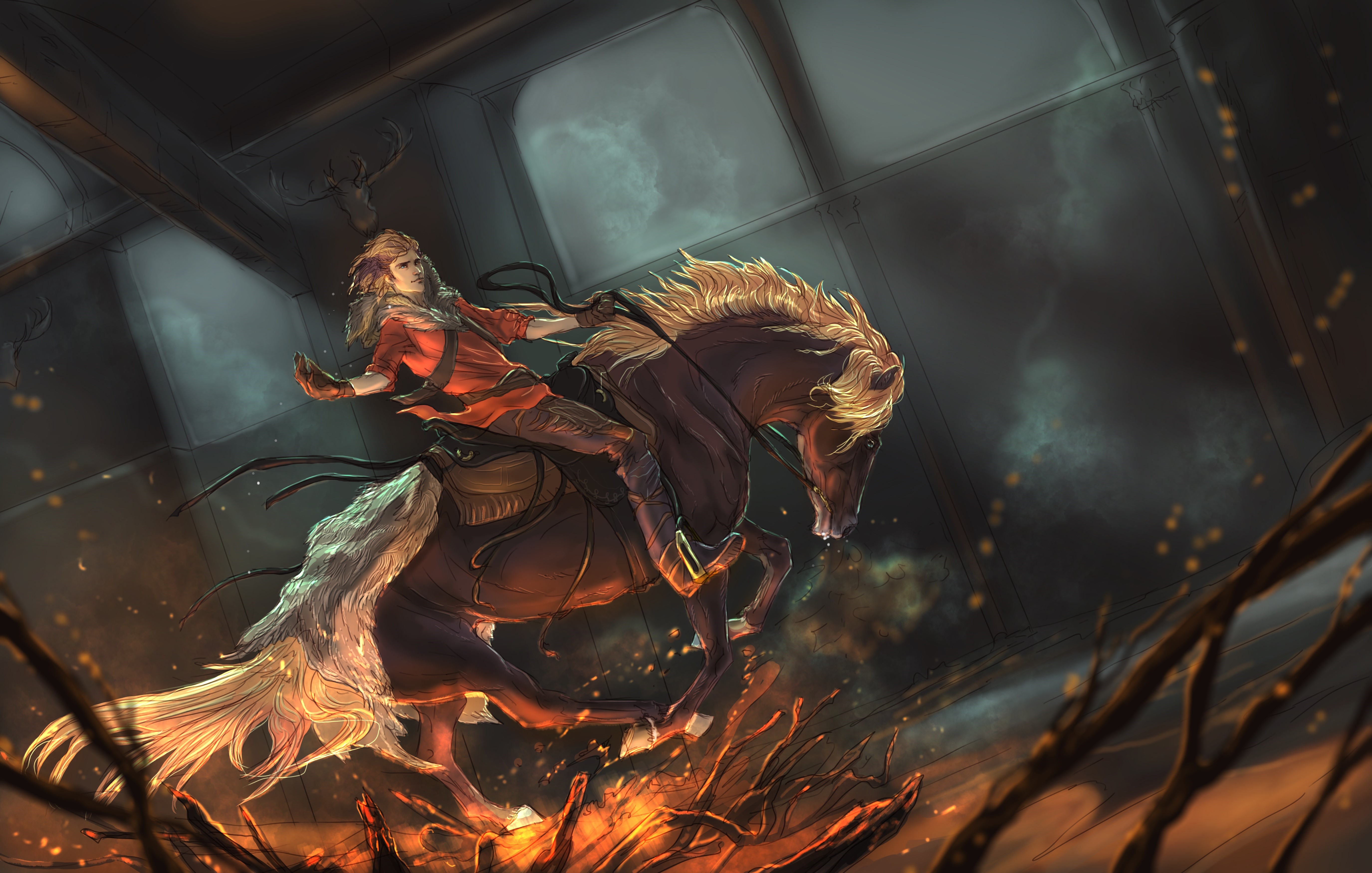Woman riding a horse through fire HD Wallpaper