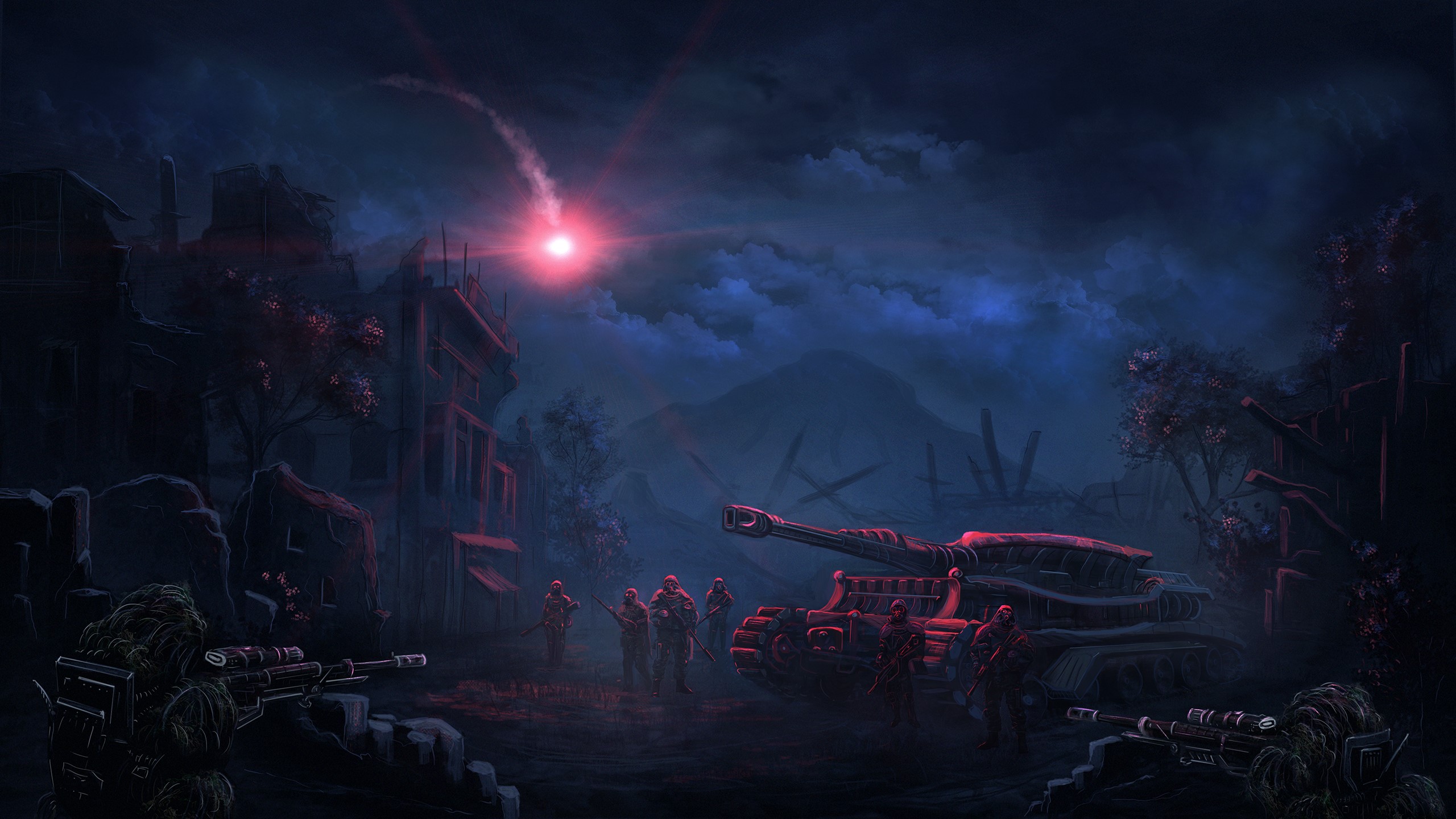 Soldiers and tank in a war-torn city at night HD Wallpaper