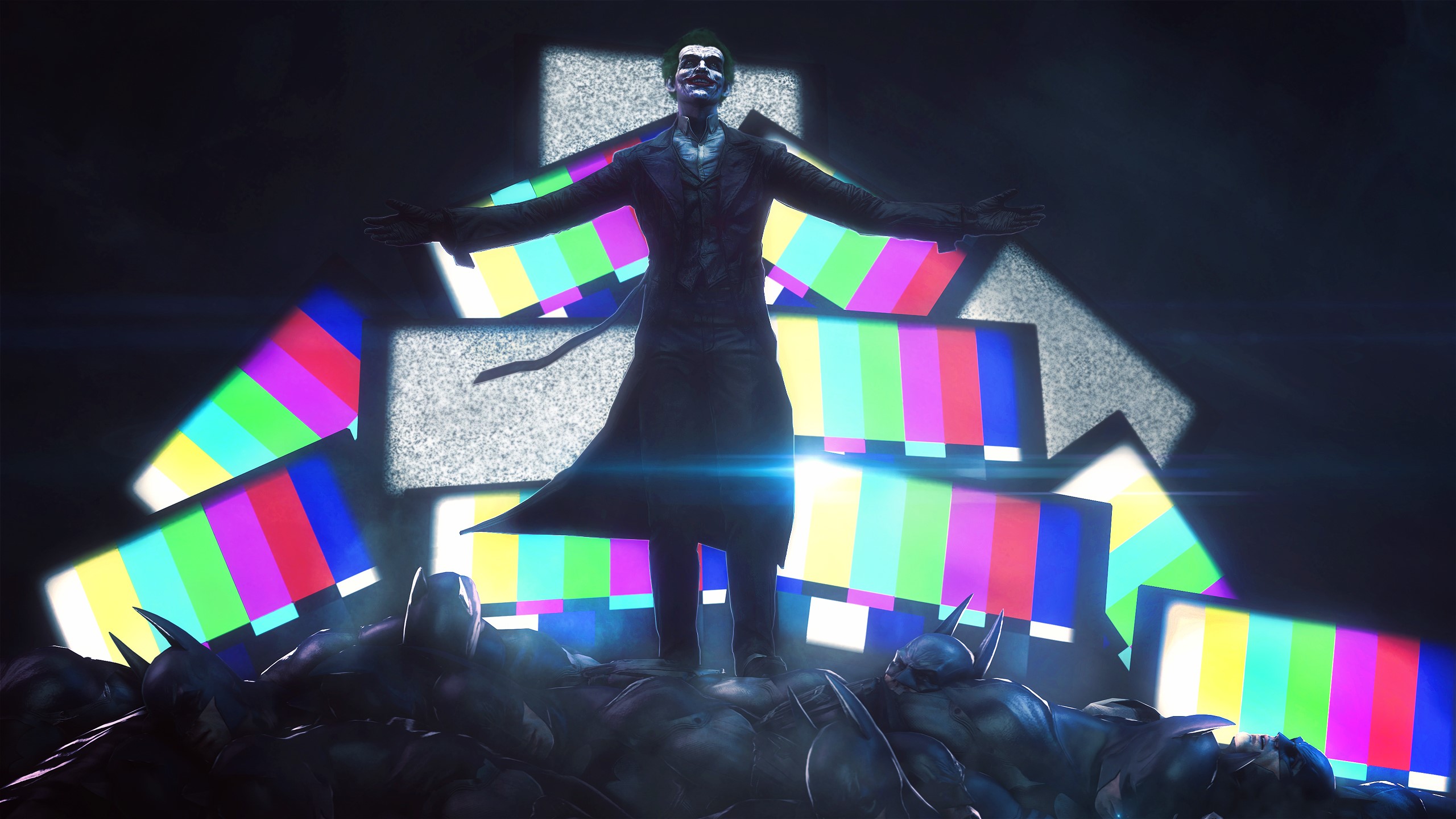 Joker standing on defeated Batmen with test pattern screens HD Wallpaper