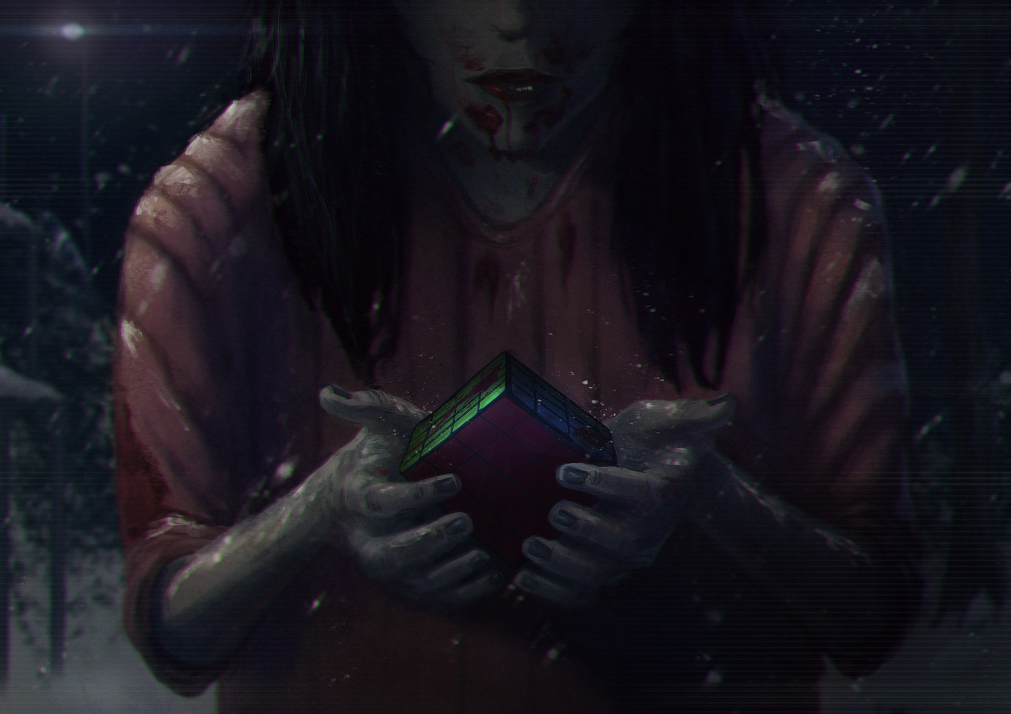 Girl with blood and a Rubik's Cube HD Wallpaper