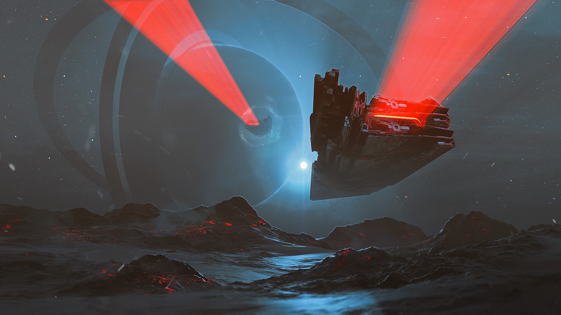 Spaceship firing red lasers near a ringed planet HD Wallpaper