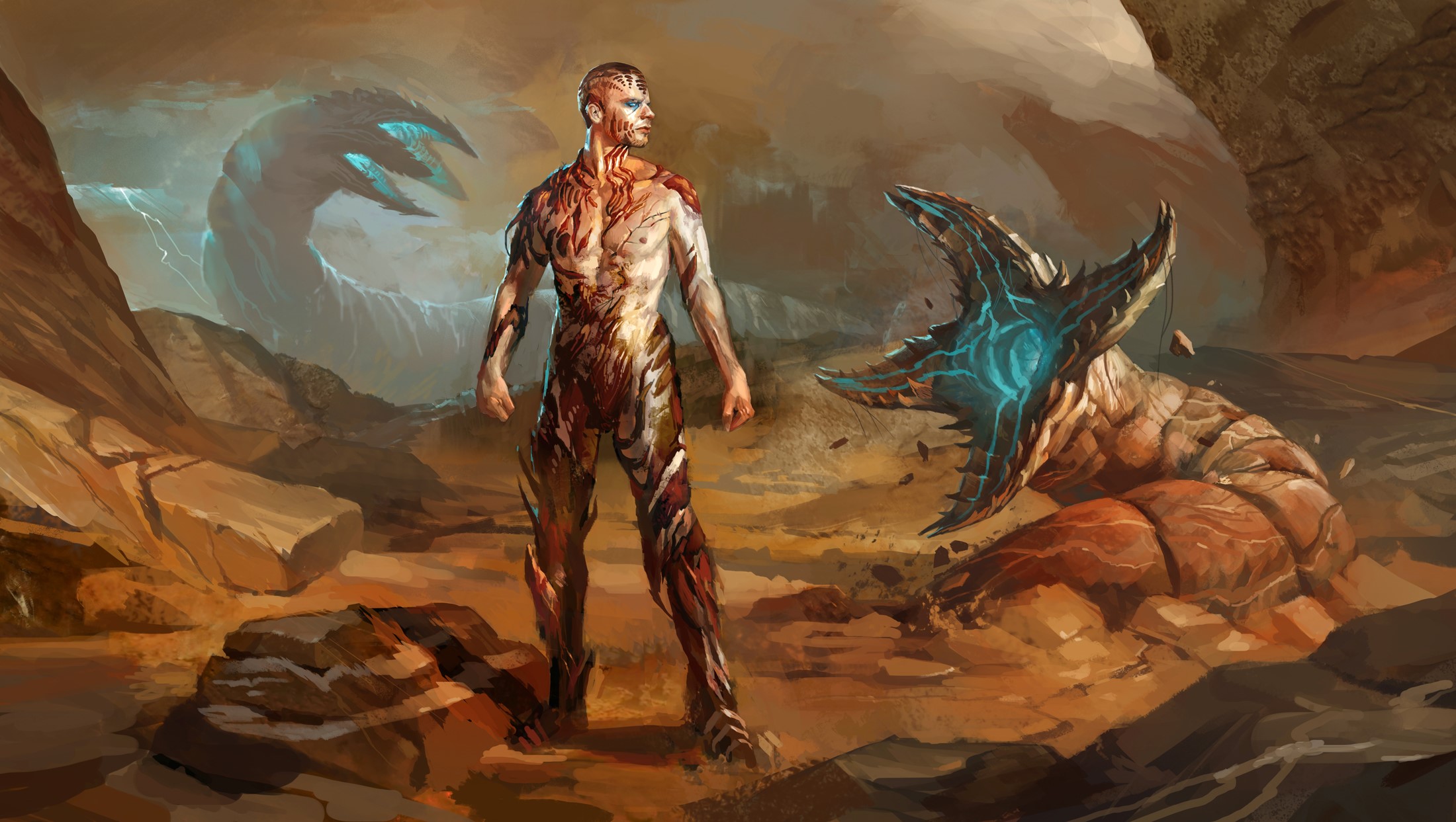 Warrior facing giant sandworms on a desert planet HD Wallpaper