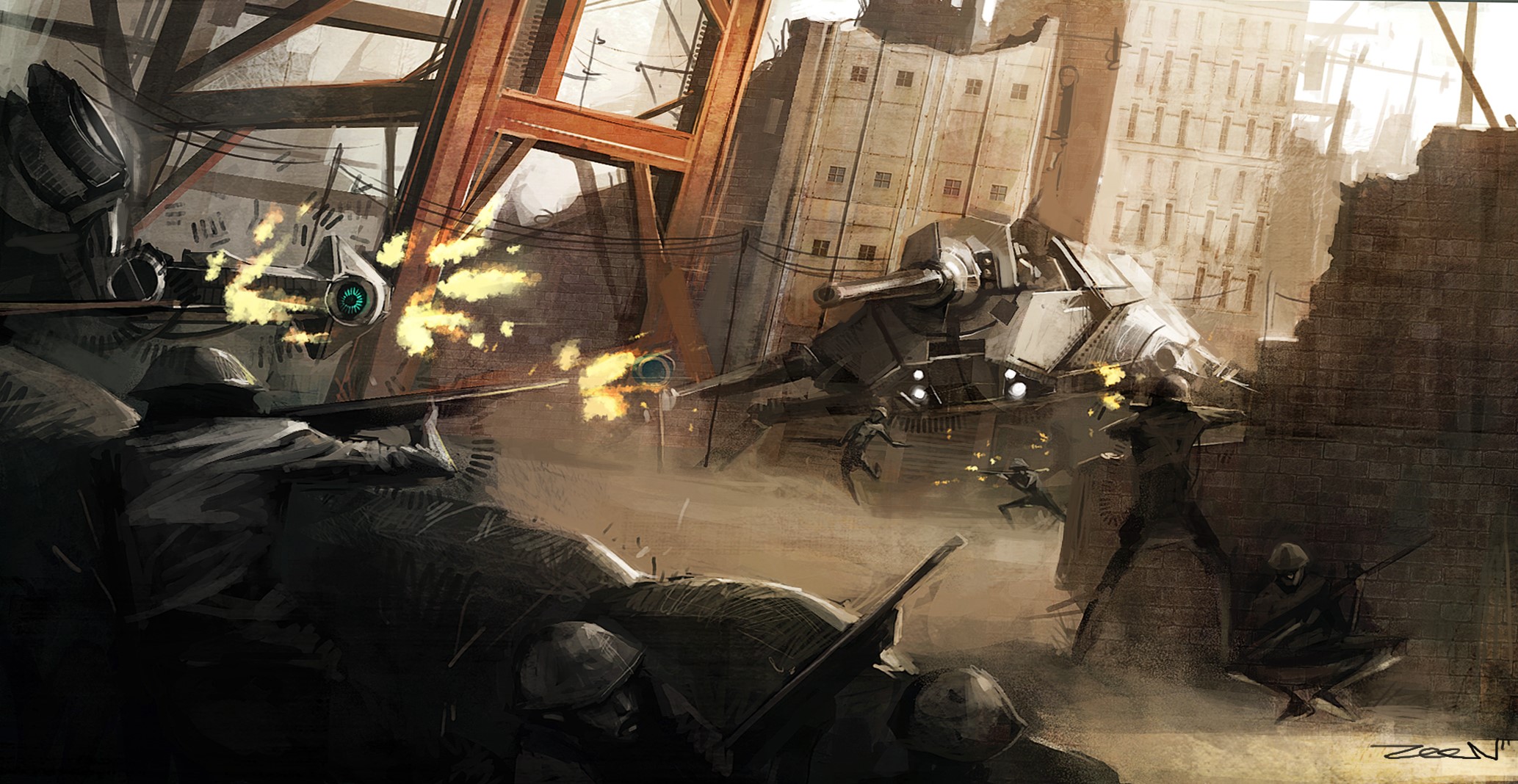 Soldiers in battle firing at a mechanical vehicle HD Wallpaper