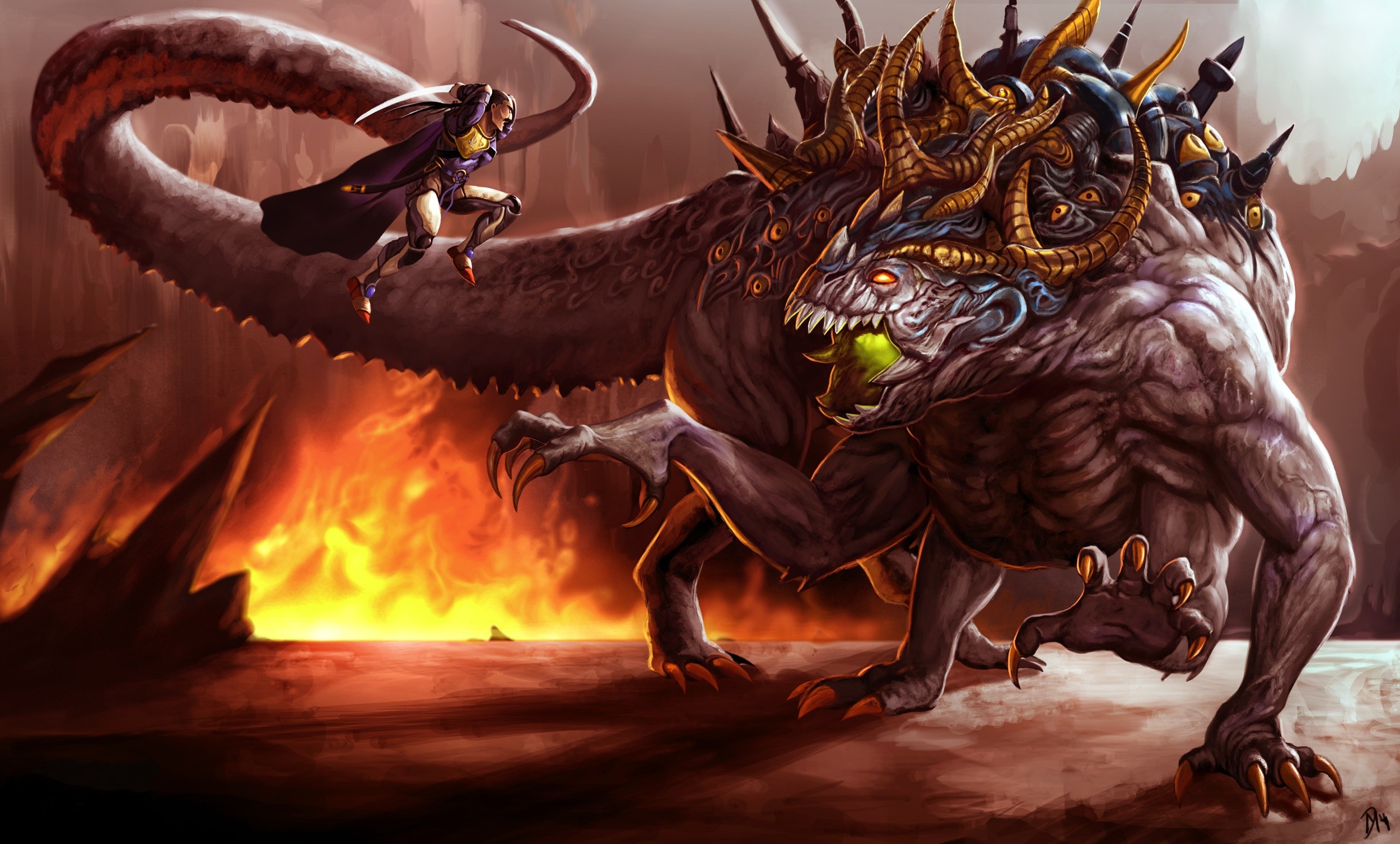 A warrior battles a monstrous dragon in a fiery landscape HD Wallpaper