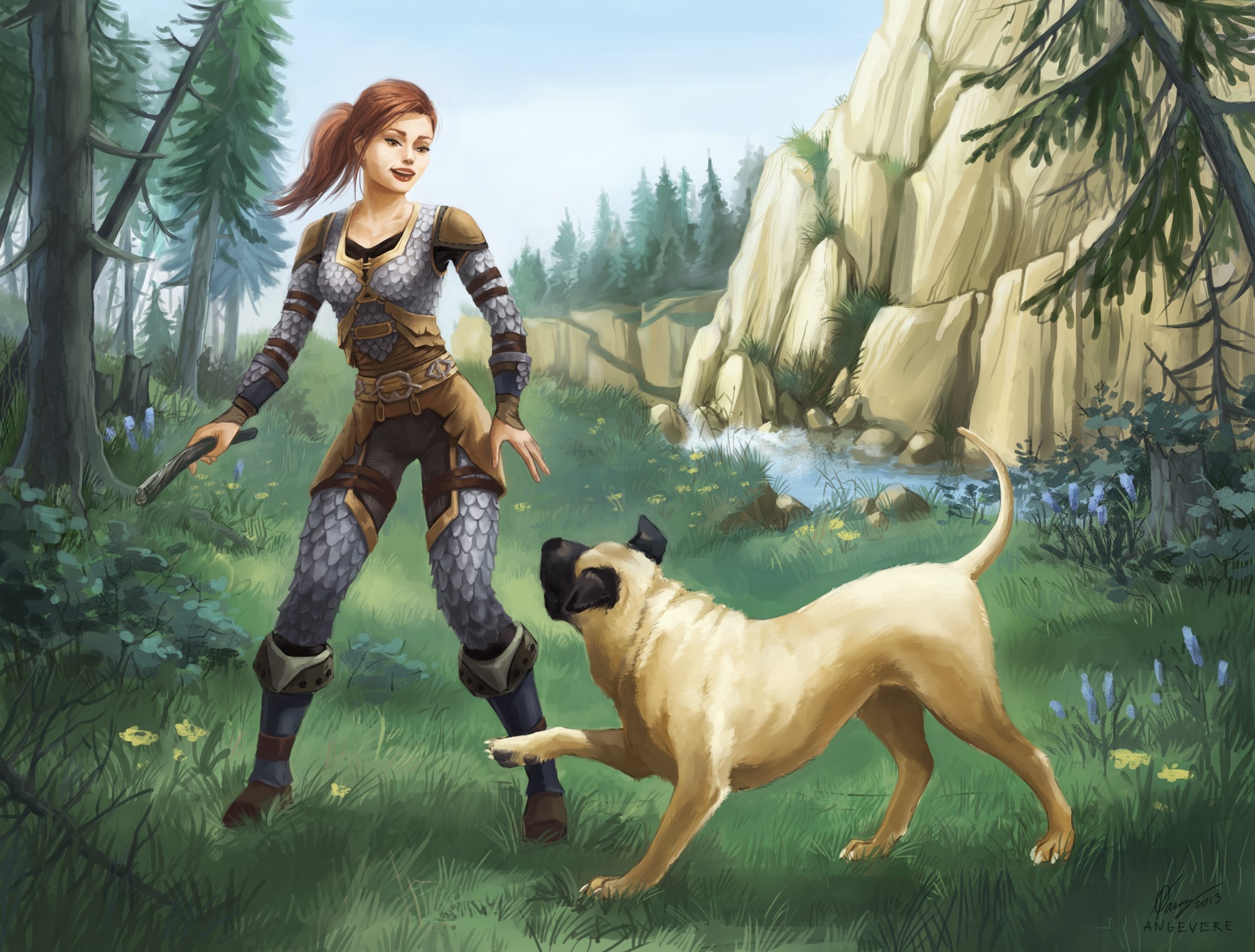 Woman with dog in a forest HD Wallpaper