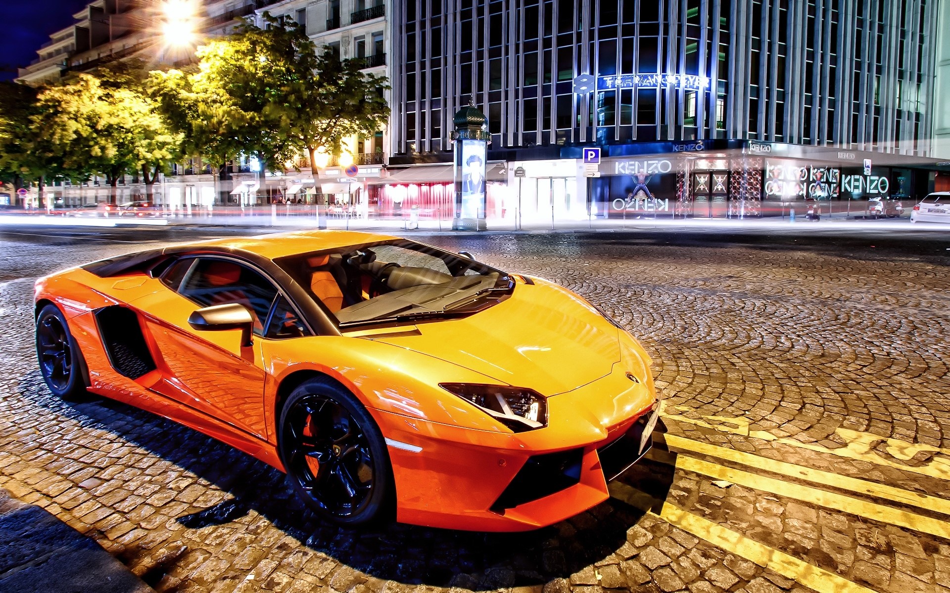 Orange Lamborghini Aventador LP700-4 parked at night HD Wallpaper