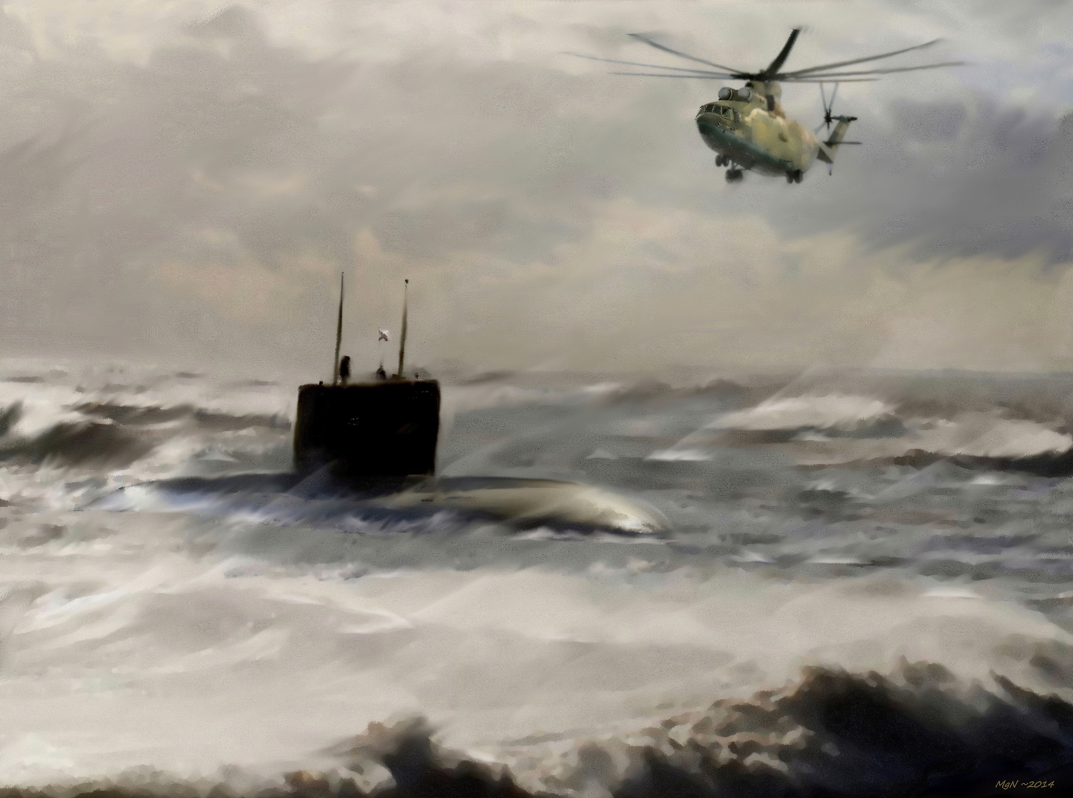 Mi-26 Helicopter and Submarine in Rough Seas Painting HD Wallpaper