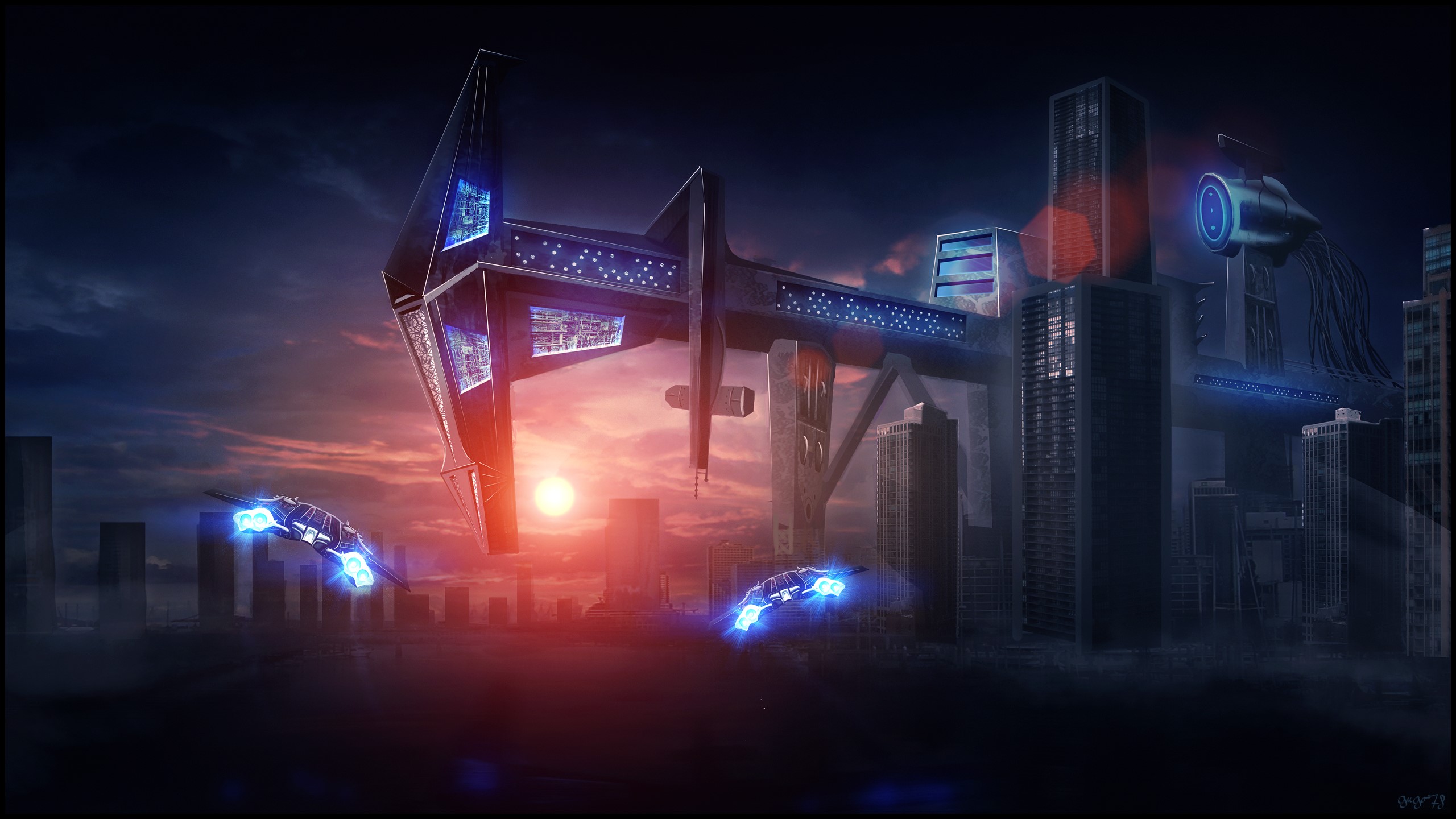Futuristic city with flying vehicles at sunset HD Wallpaper
