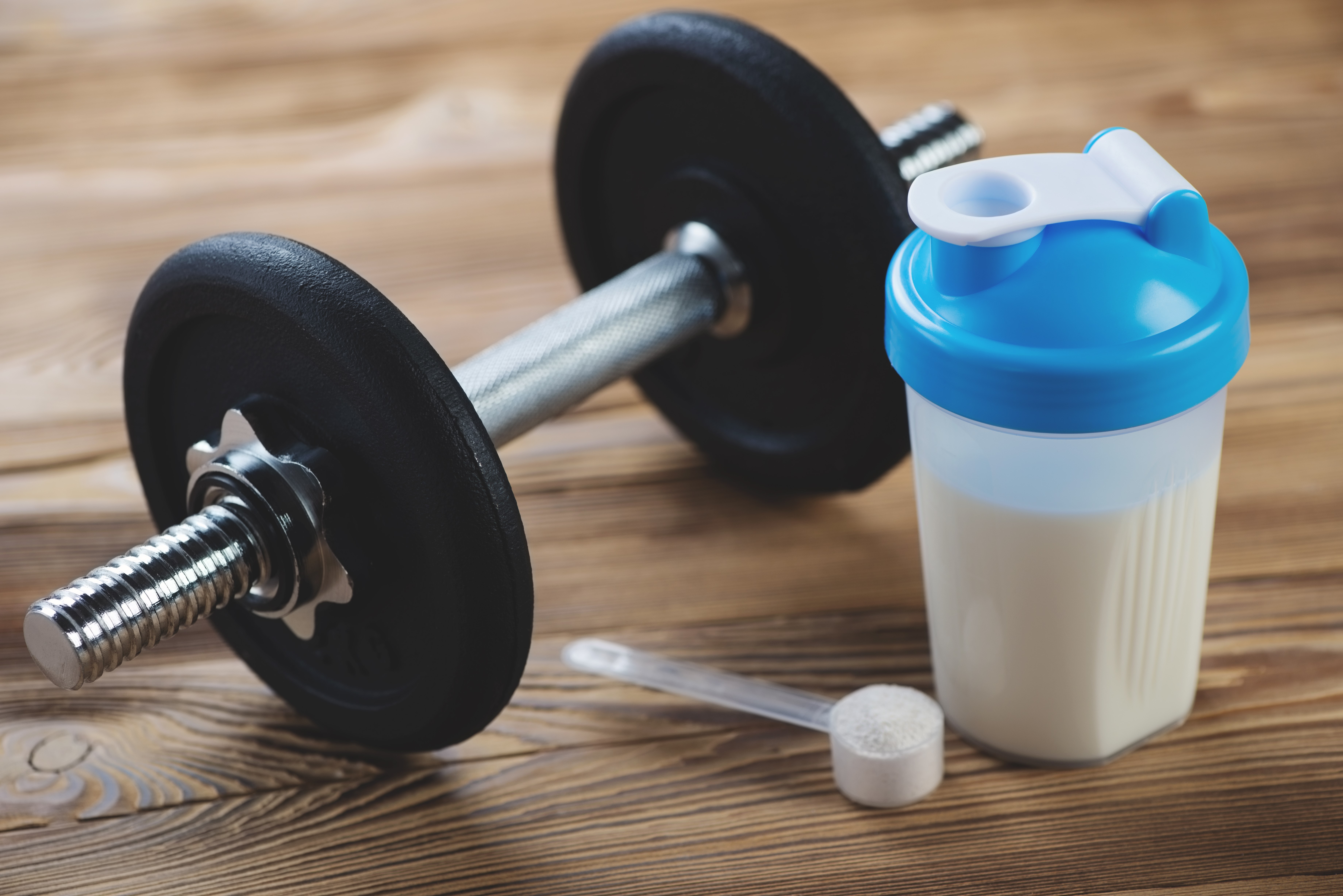 Dumbbell, Shaker Bottle, and Protein Scoop HD Wallpaper