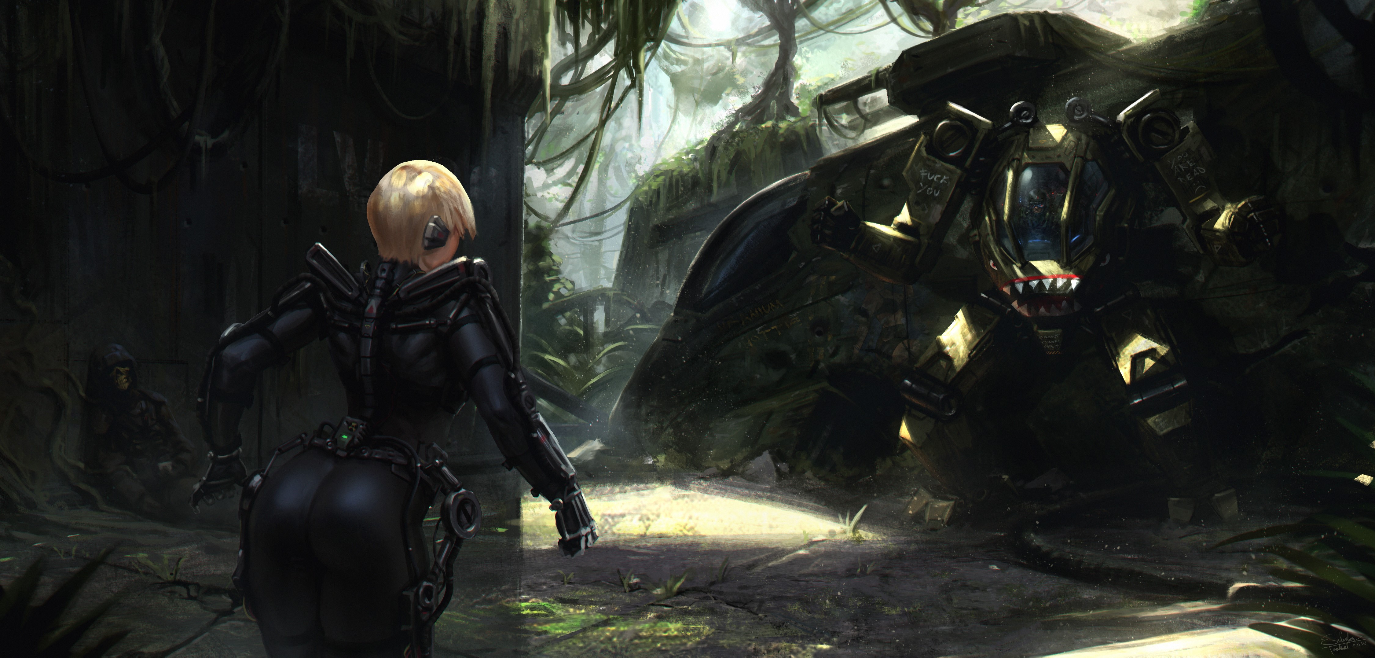 Woman in black suit facing a robot in a jungle HD Wallpaper