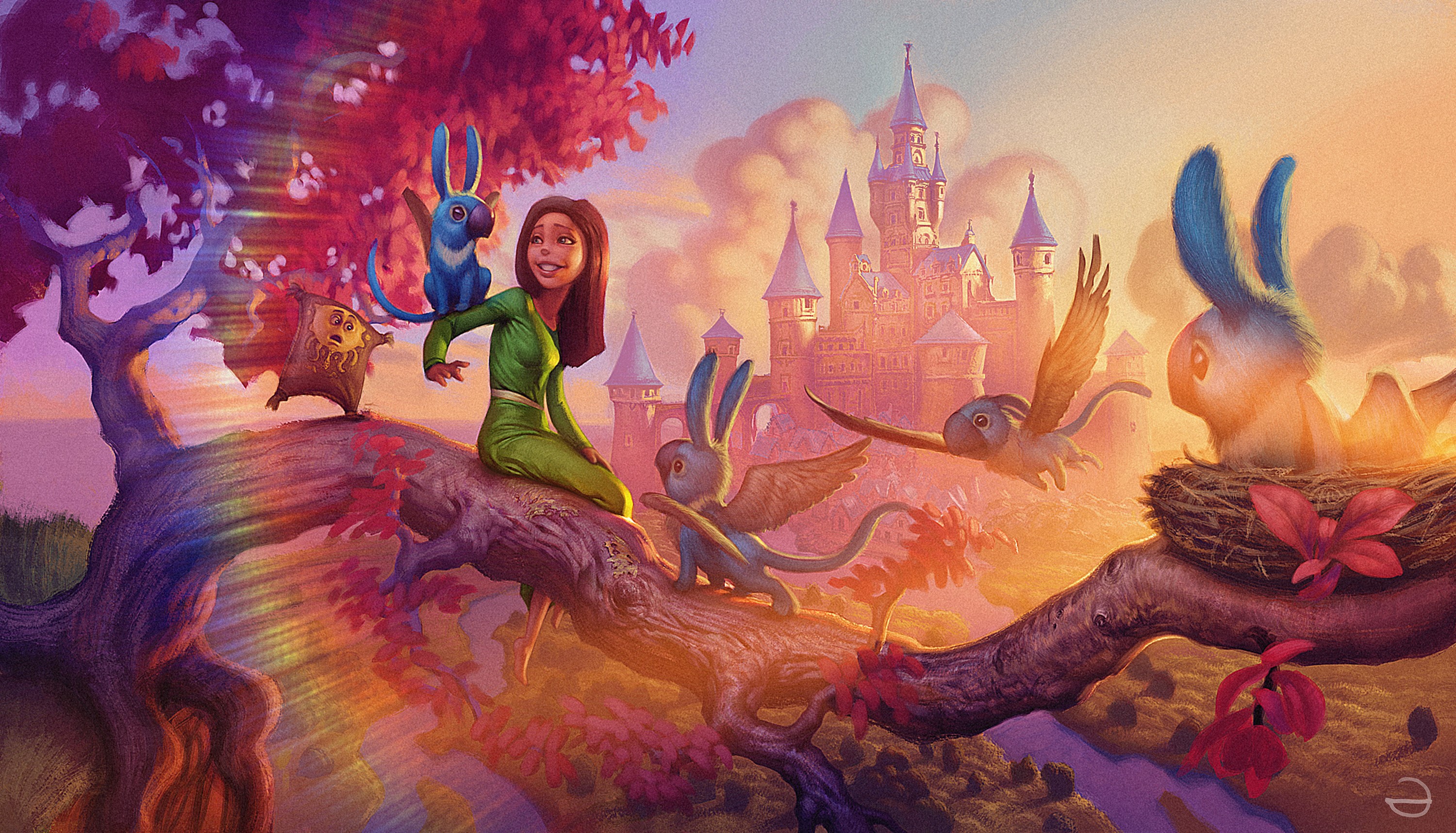 Girl with magical creatures in a fantasy world with a castle HD Wallpaper
