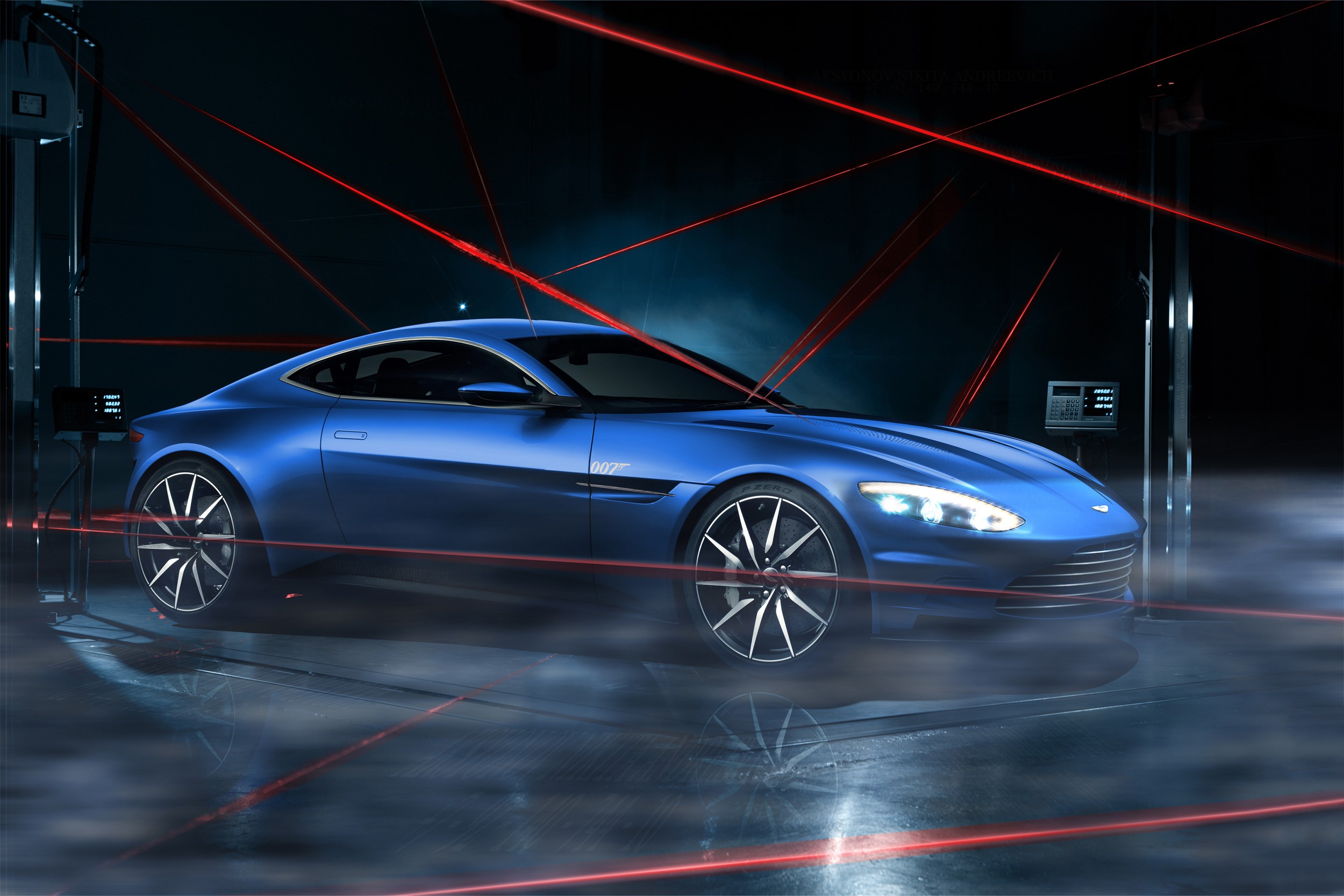Blue Aston Martin DB10 with Red Laser Grid HD Wallpaper