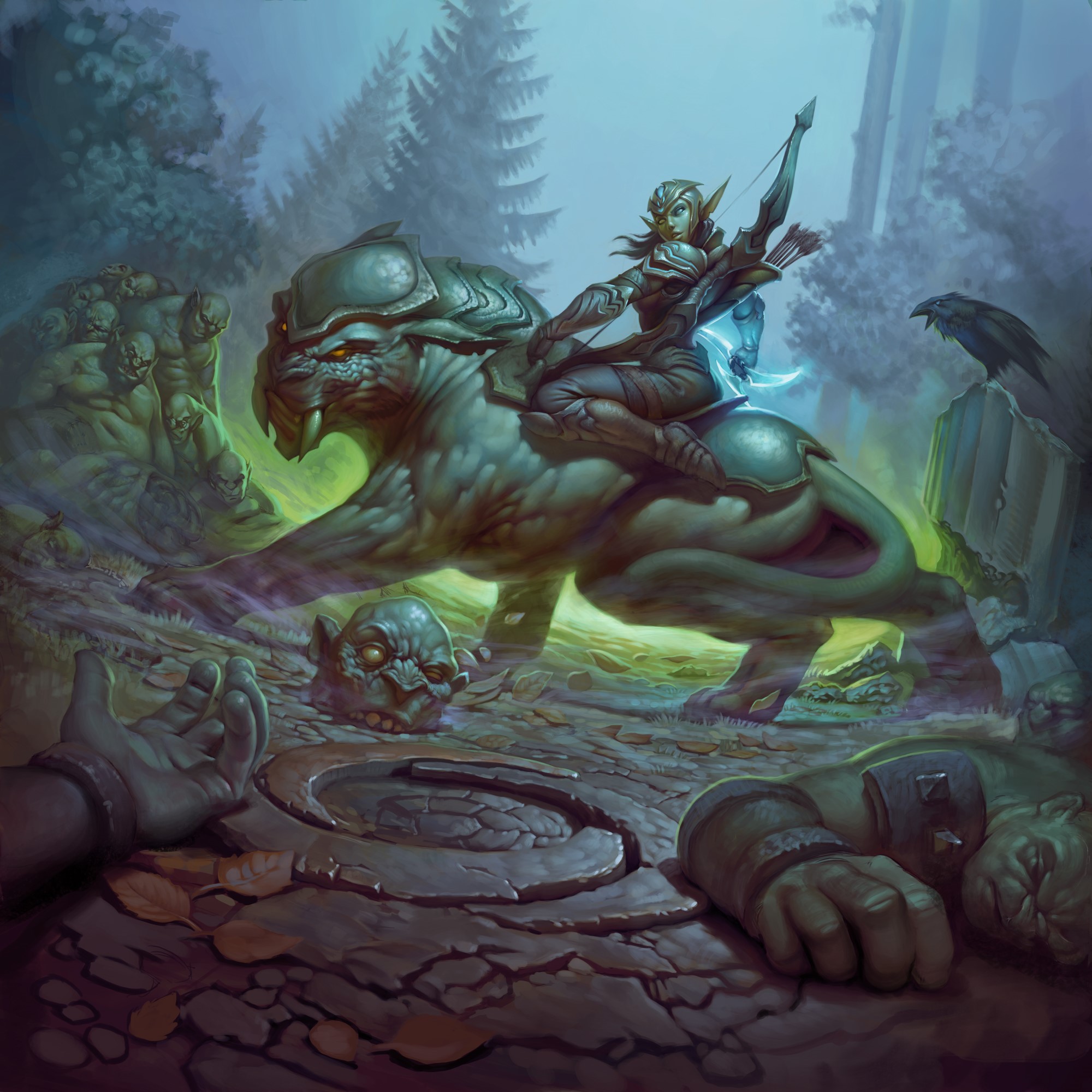 Elf archer riding a magical beast through a forest battlefield HD Wallpaper