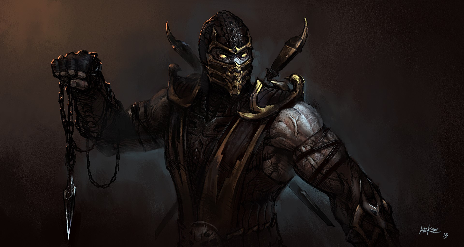Scorpion from Mortal Kombat holding a chain weapon HD Wallpaper