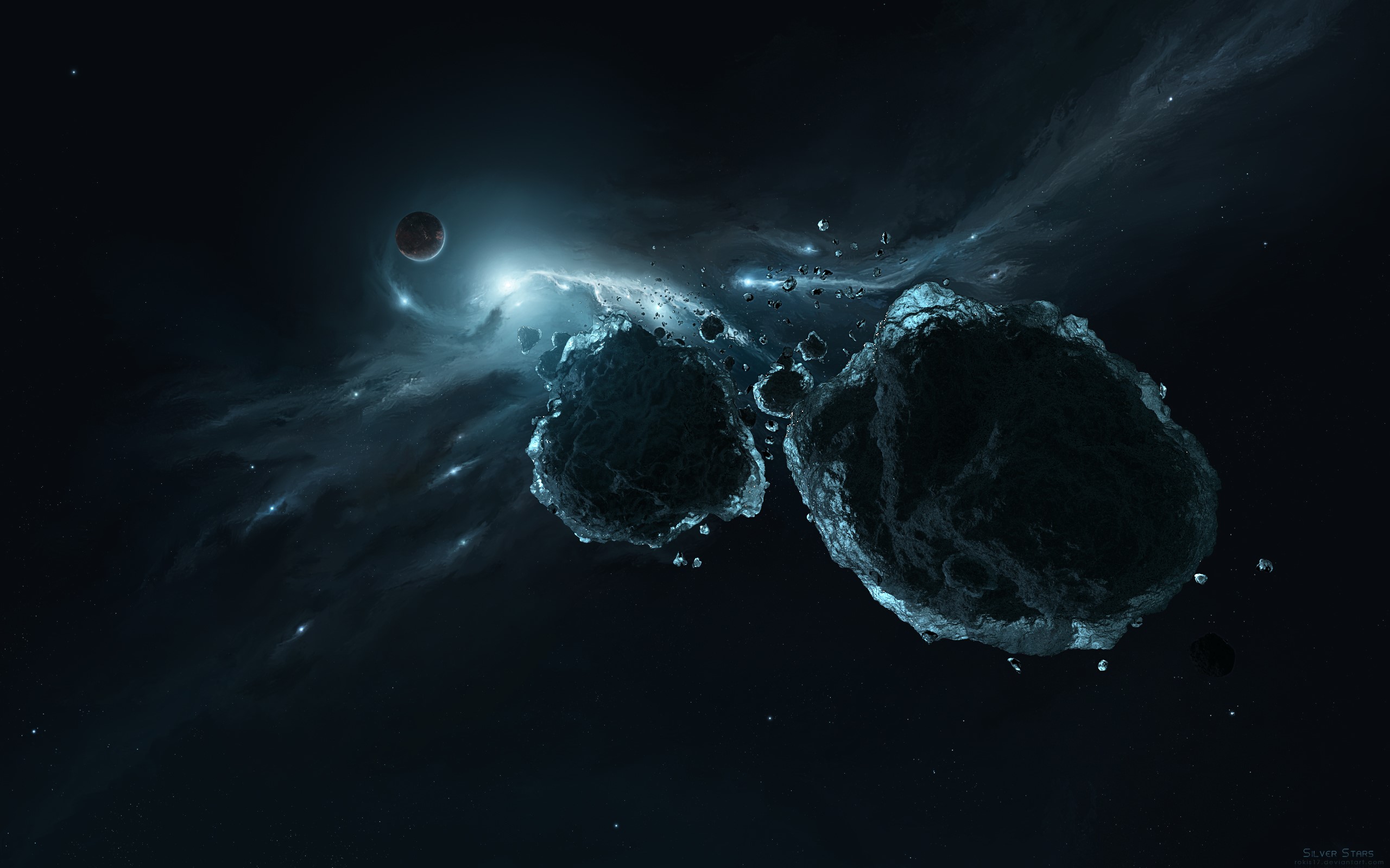 Asteroids and a distant planet in space HD Wallpaper