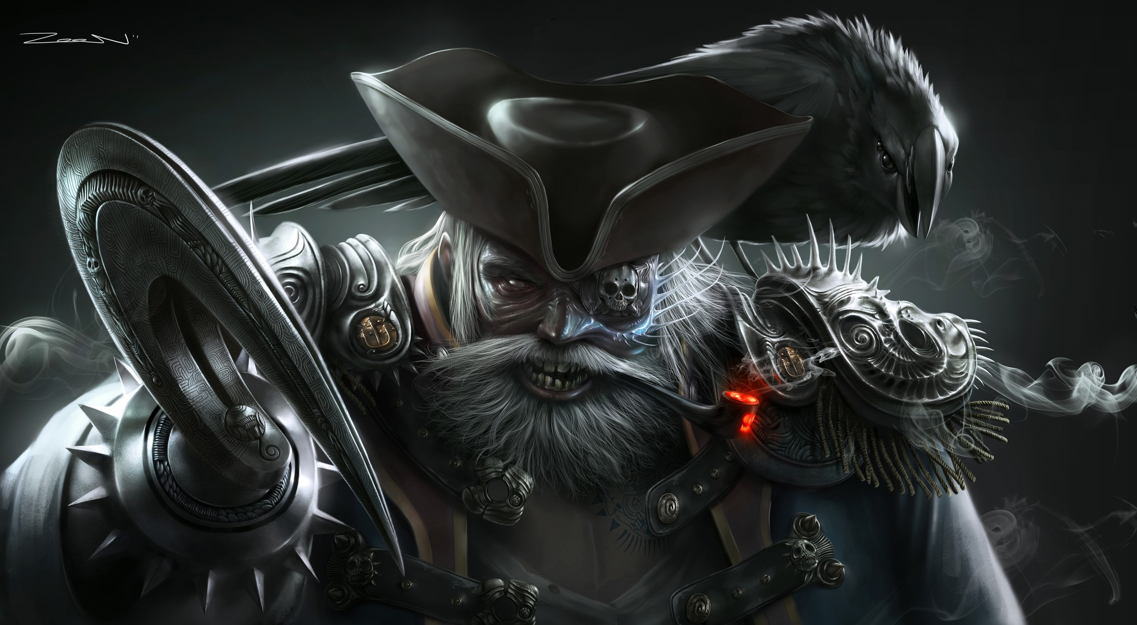 Pirate with a hook and a crow on his shoulder HD Wallpaper