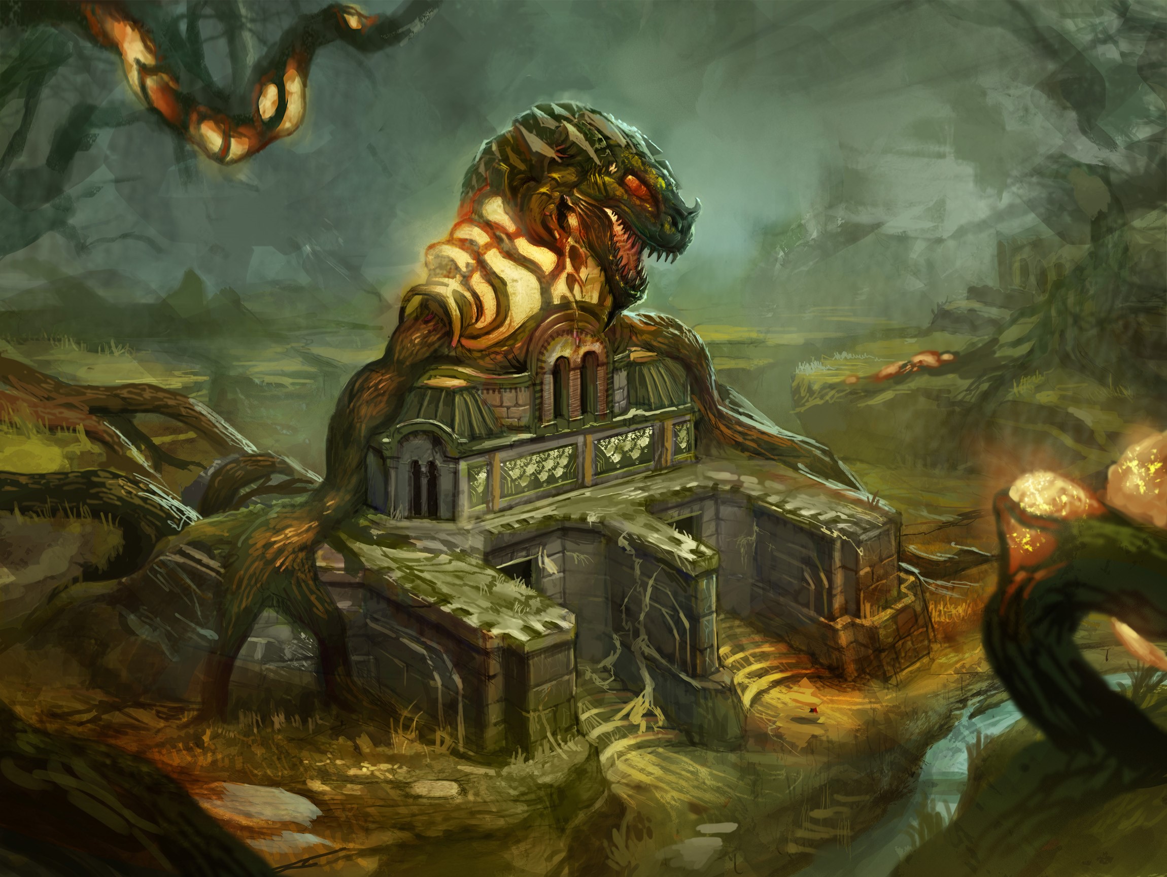 Dragon-like creature atop ancient ruins in a mystical forest HD Wallpaper