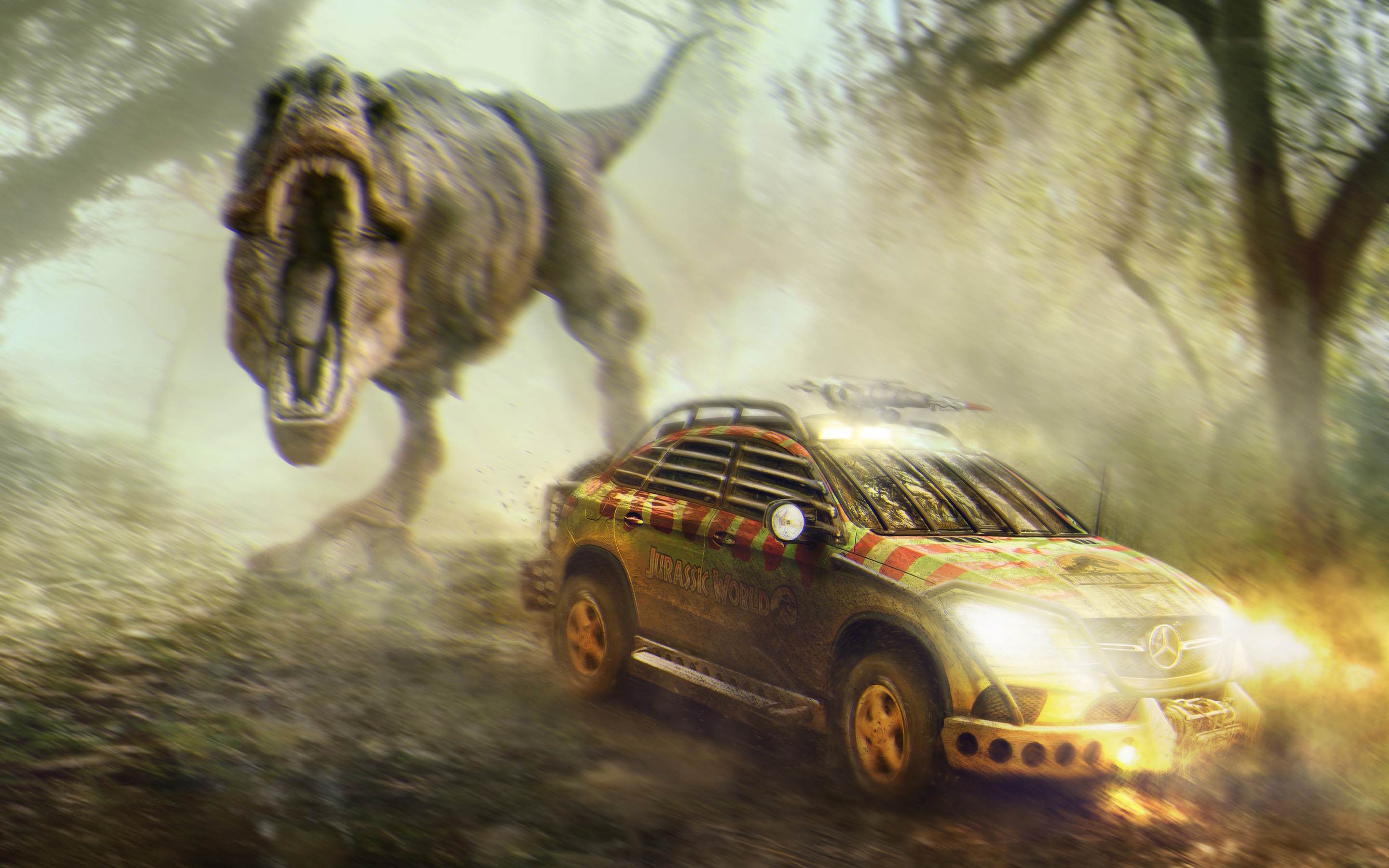 Tyrannosaurus Rex chasing Mercedes-Benz GLE Coupe in Jurassic World HD Wallpaper