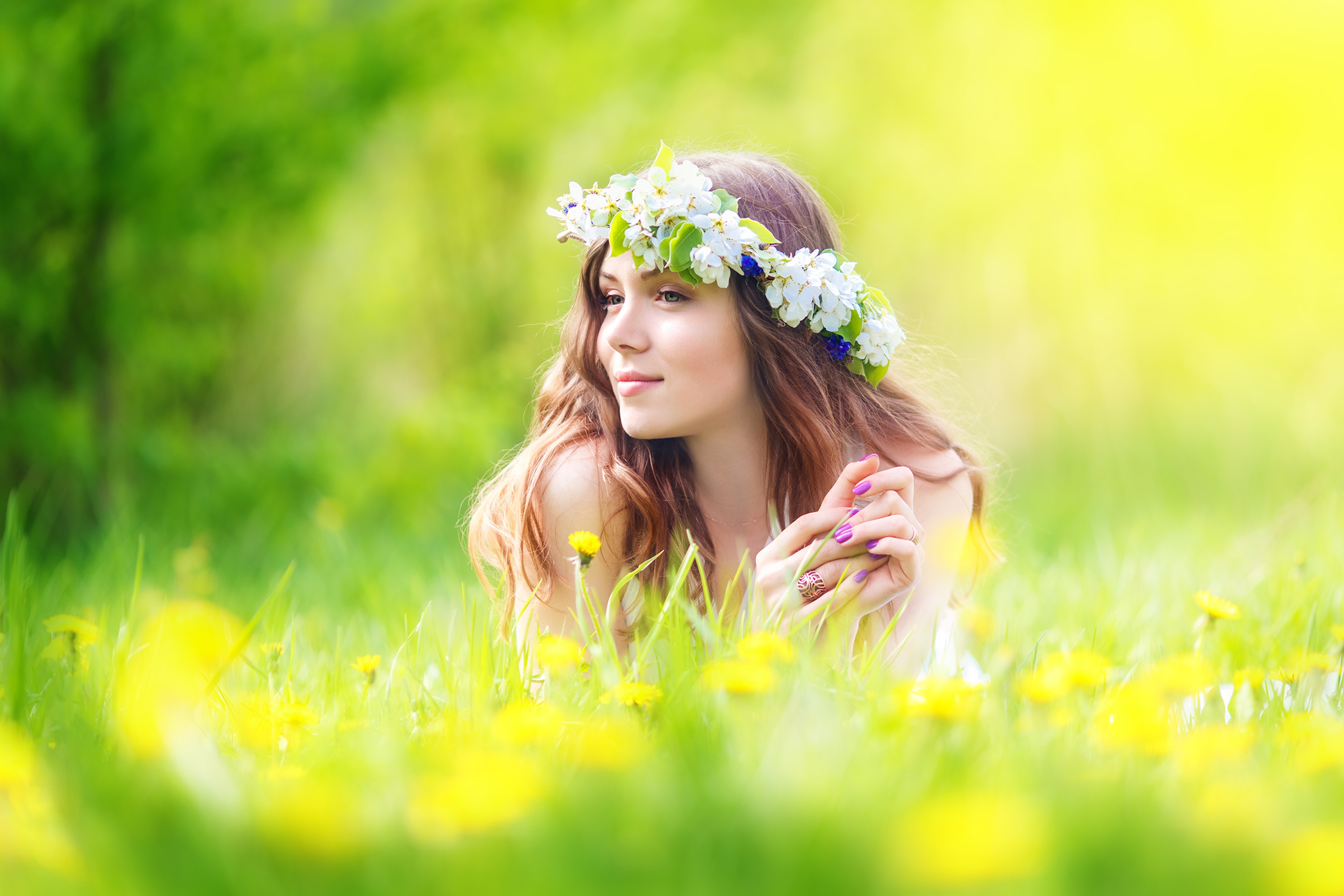 Woman with Flower Crown in Dandelion Field HD Wallpaper