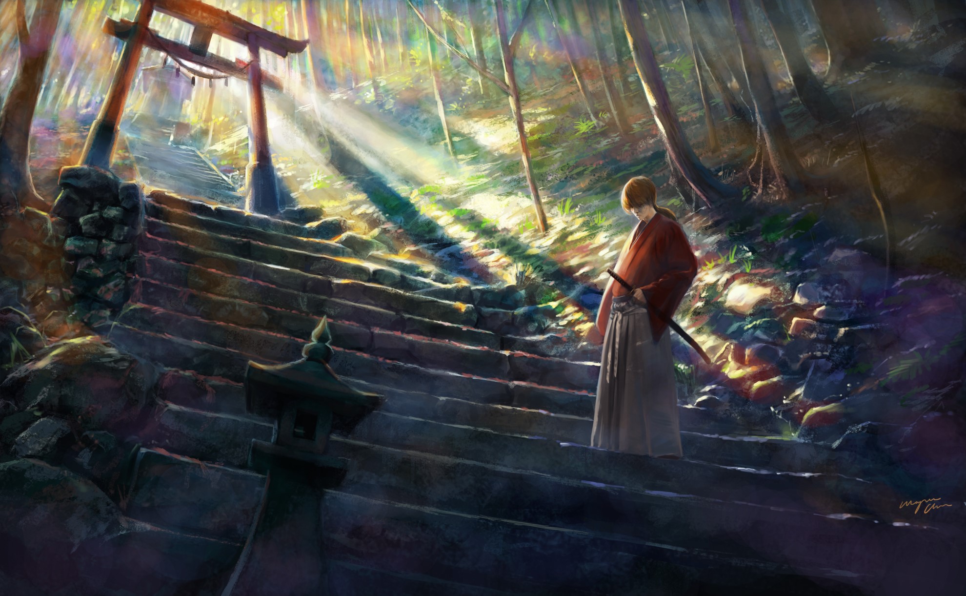 Himura Kenshin from Rurouni Kenshin on forest stairs HD Wallpaper