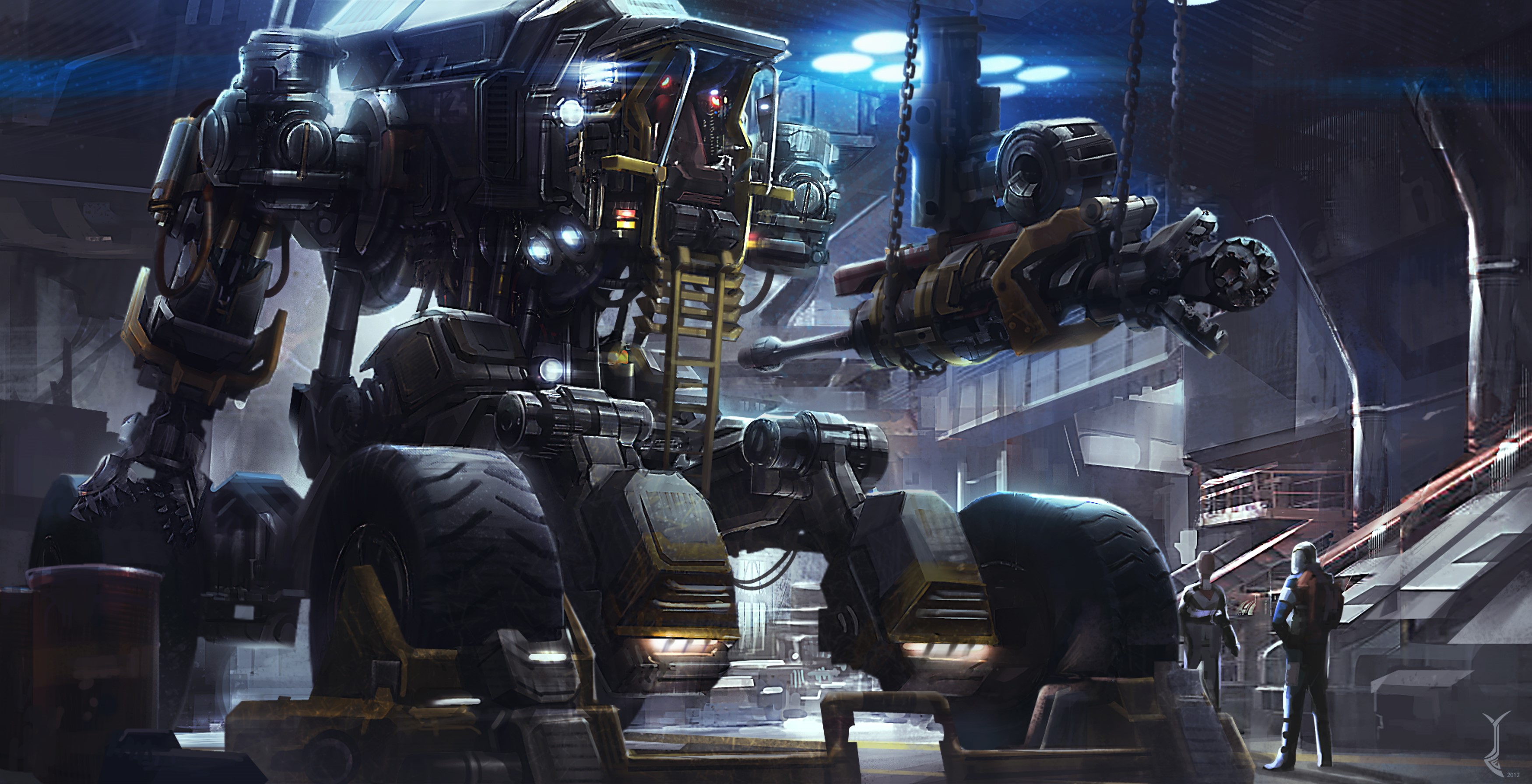 Giant mech in a workshop with two people HD Wallpaper