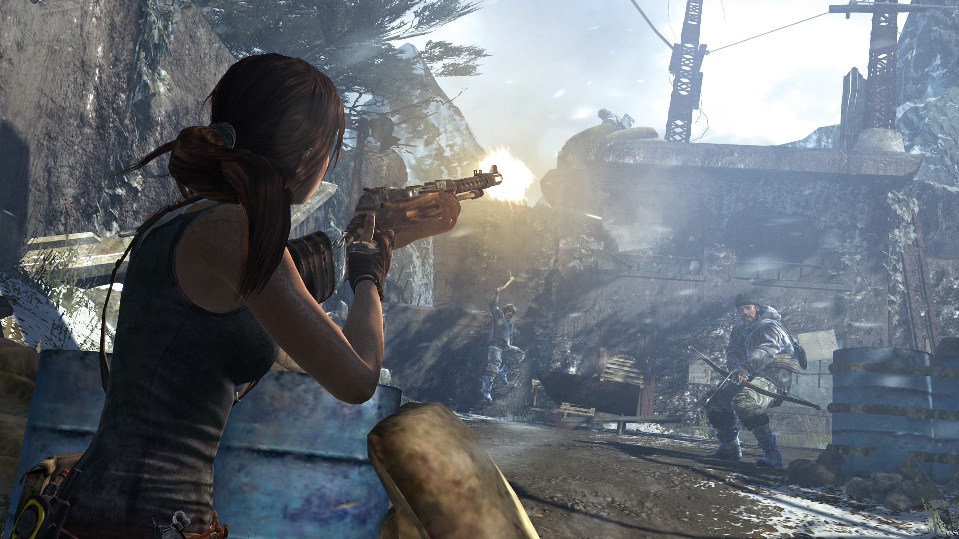 Lara Croft from Tomb Raider 2013 firing a rifle HD Wallpaper