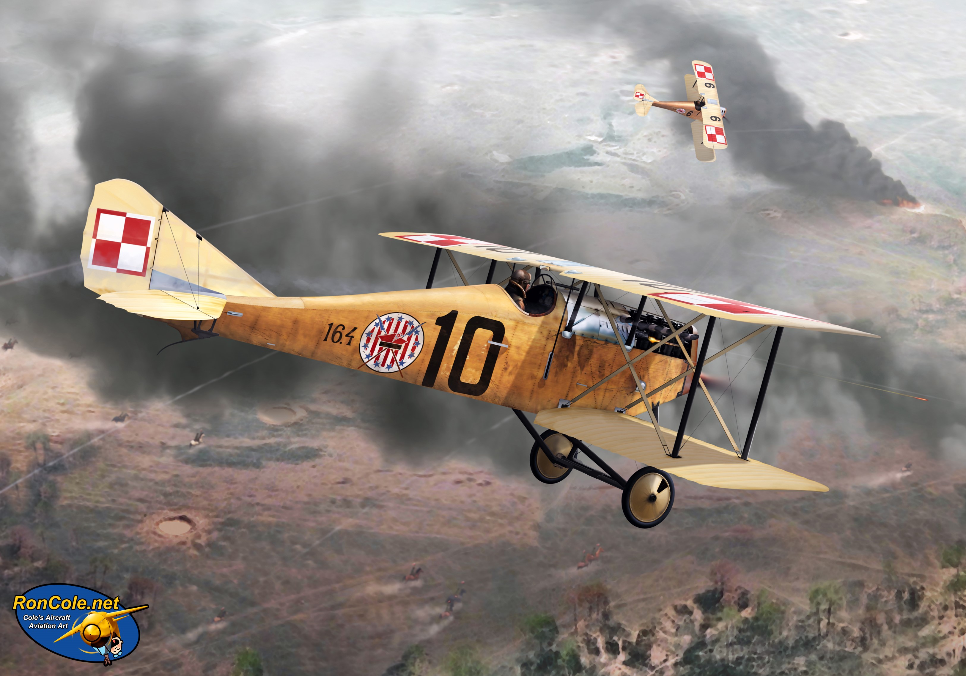 Two biplanes in aerial combat over a battlefield HD Wallpaper
