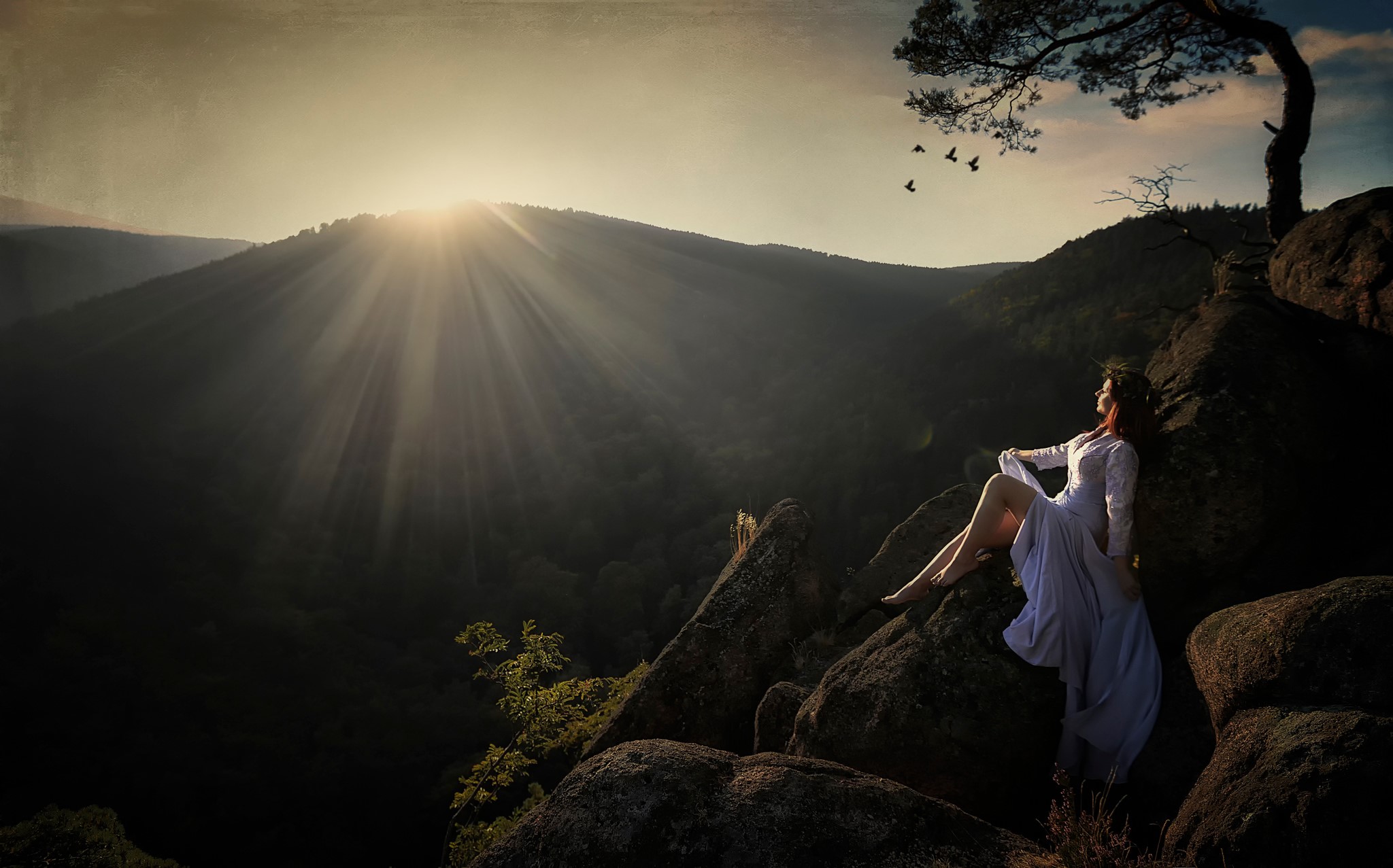 Woman in white dress sitting on rocks overlooking mountains at sunset HD Wallpaper