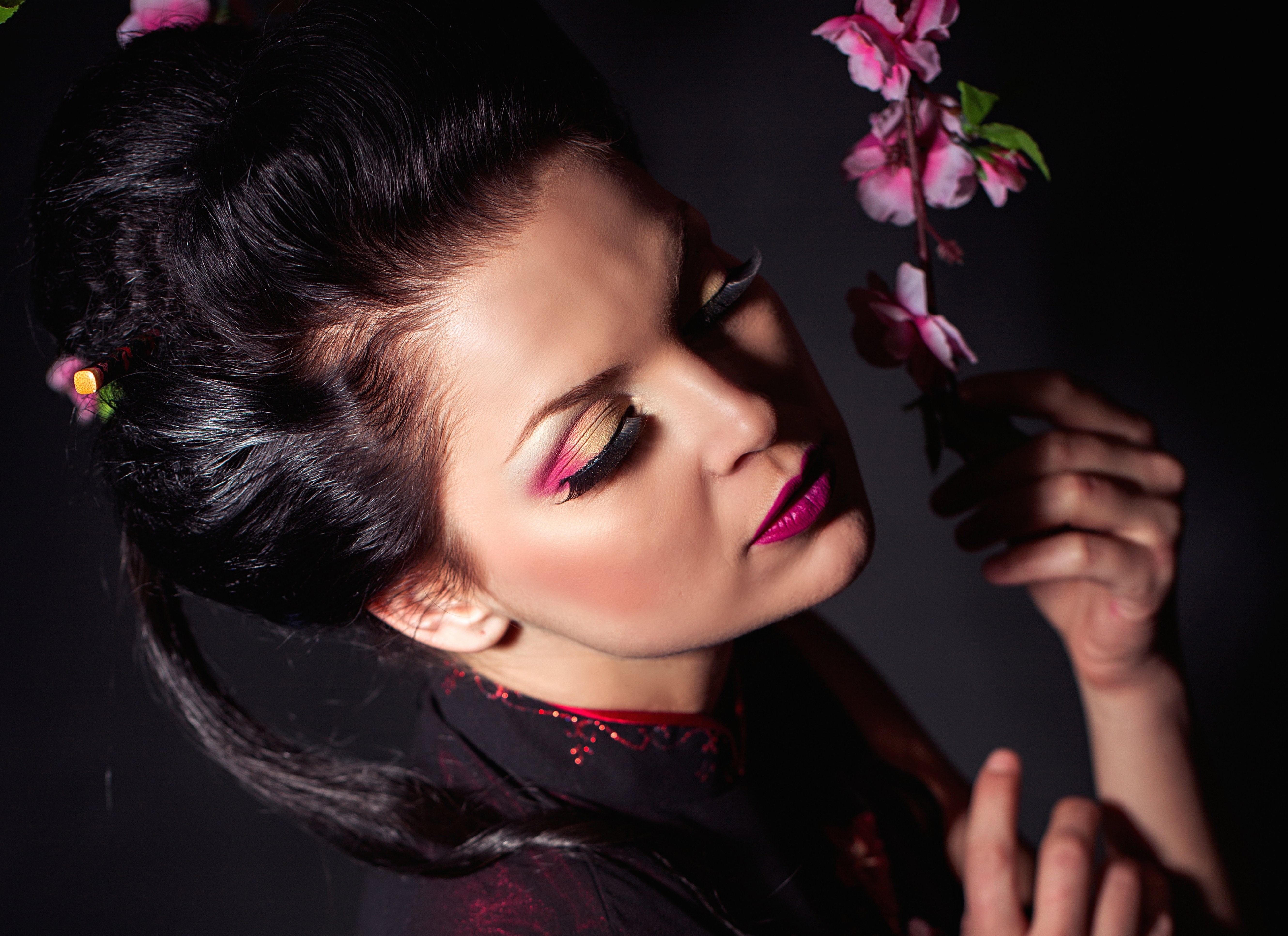 Brunette girl with makeup and sakura HD Wallpaper