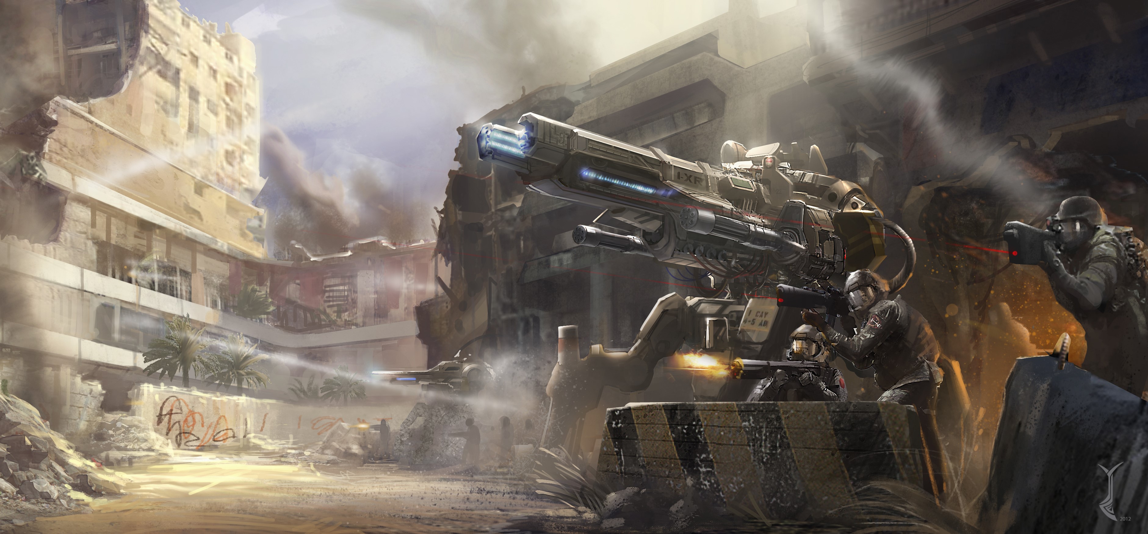 Soldiers and robot mech in a destroyed urban environment HD Wallpaper