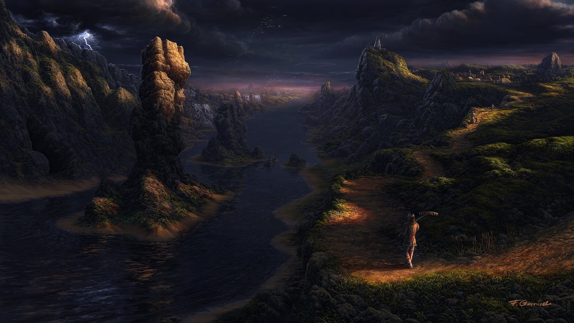 Fantasy landscape with a figure on a trail HD Wallpaper