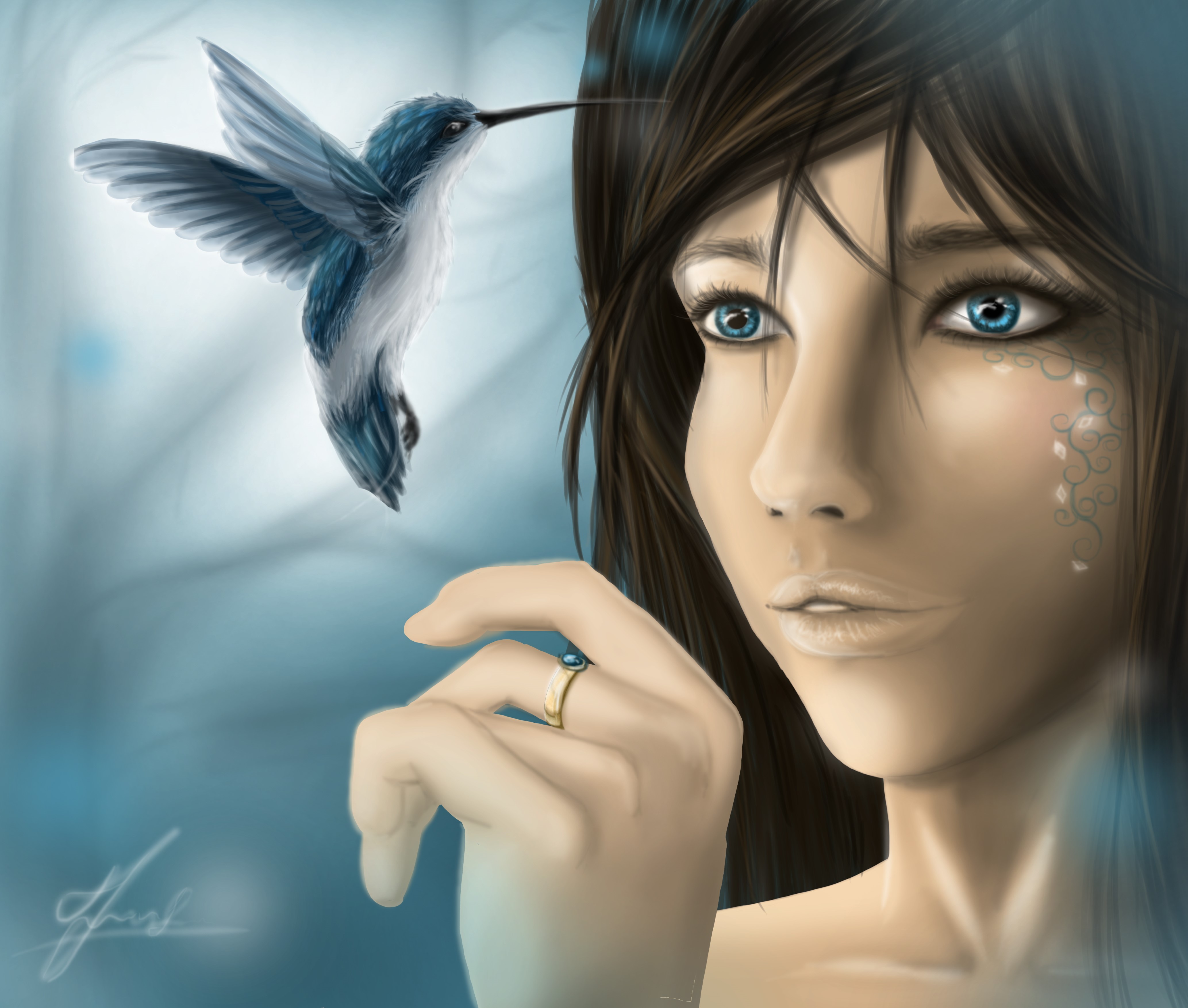 Painting Art of a Woman and a Hummingbird HD Wallpaper