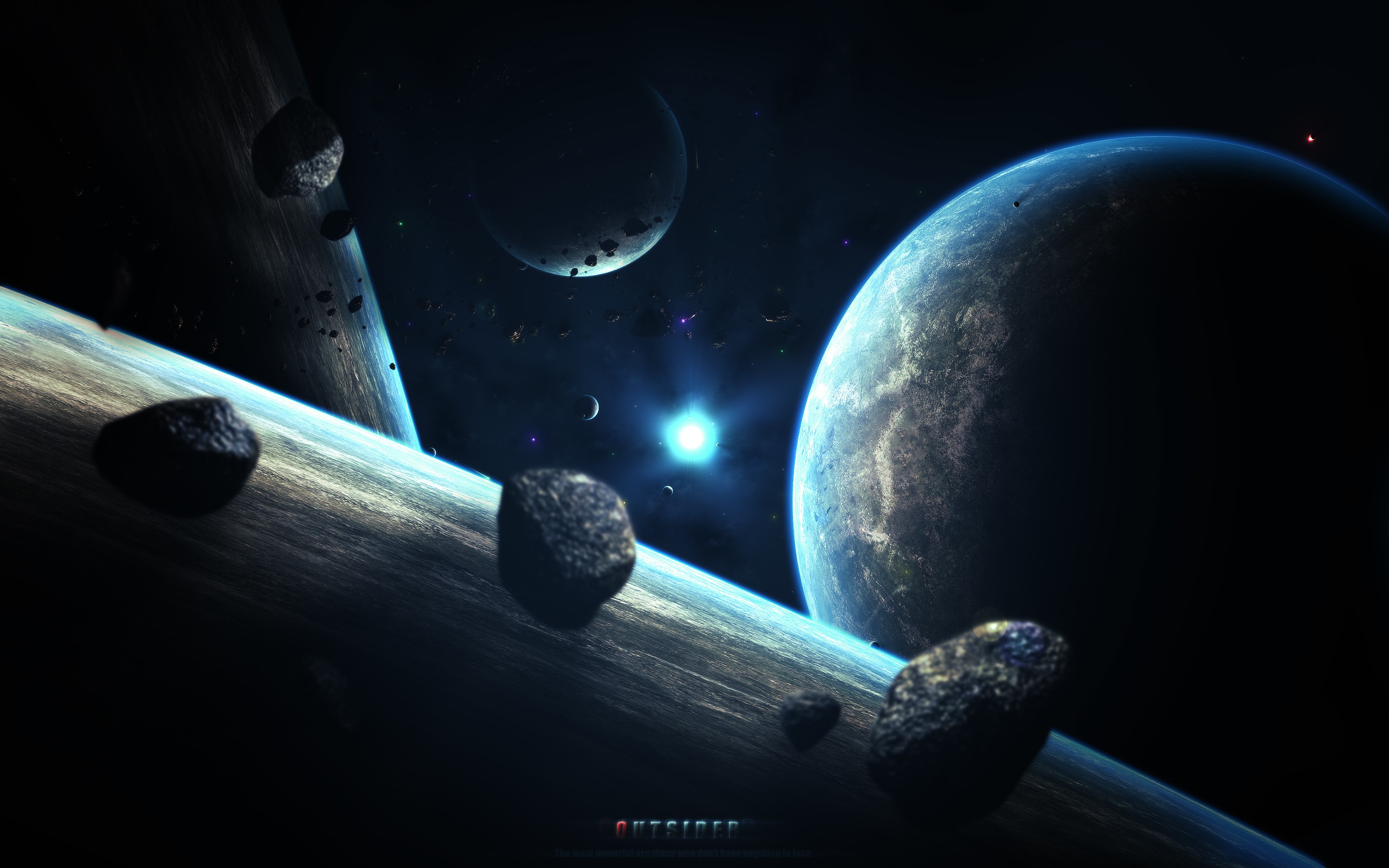 Planets and asteroids in deep space with a bright star HD Wallpaper