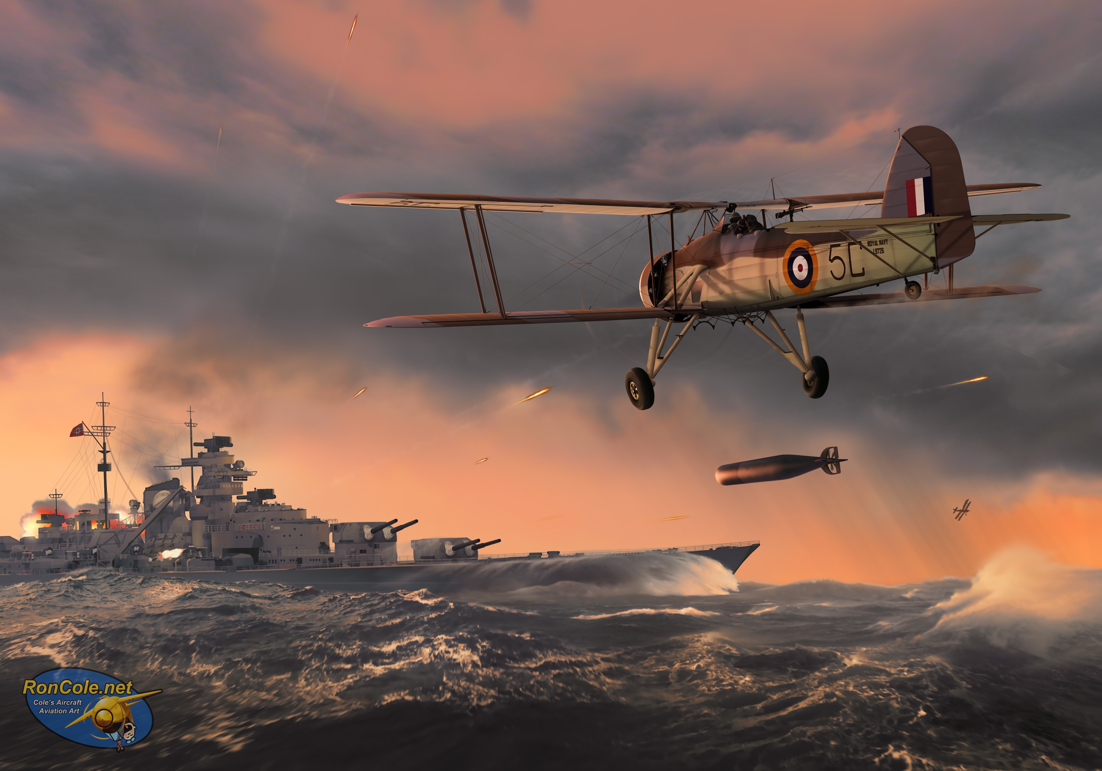 Sink the Bismarck - Vintage Airplane and Battleship Scene HD Wallpaper