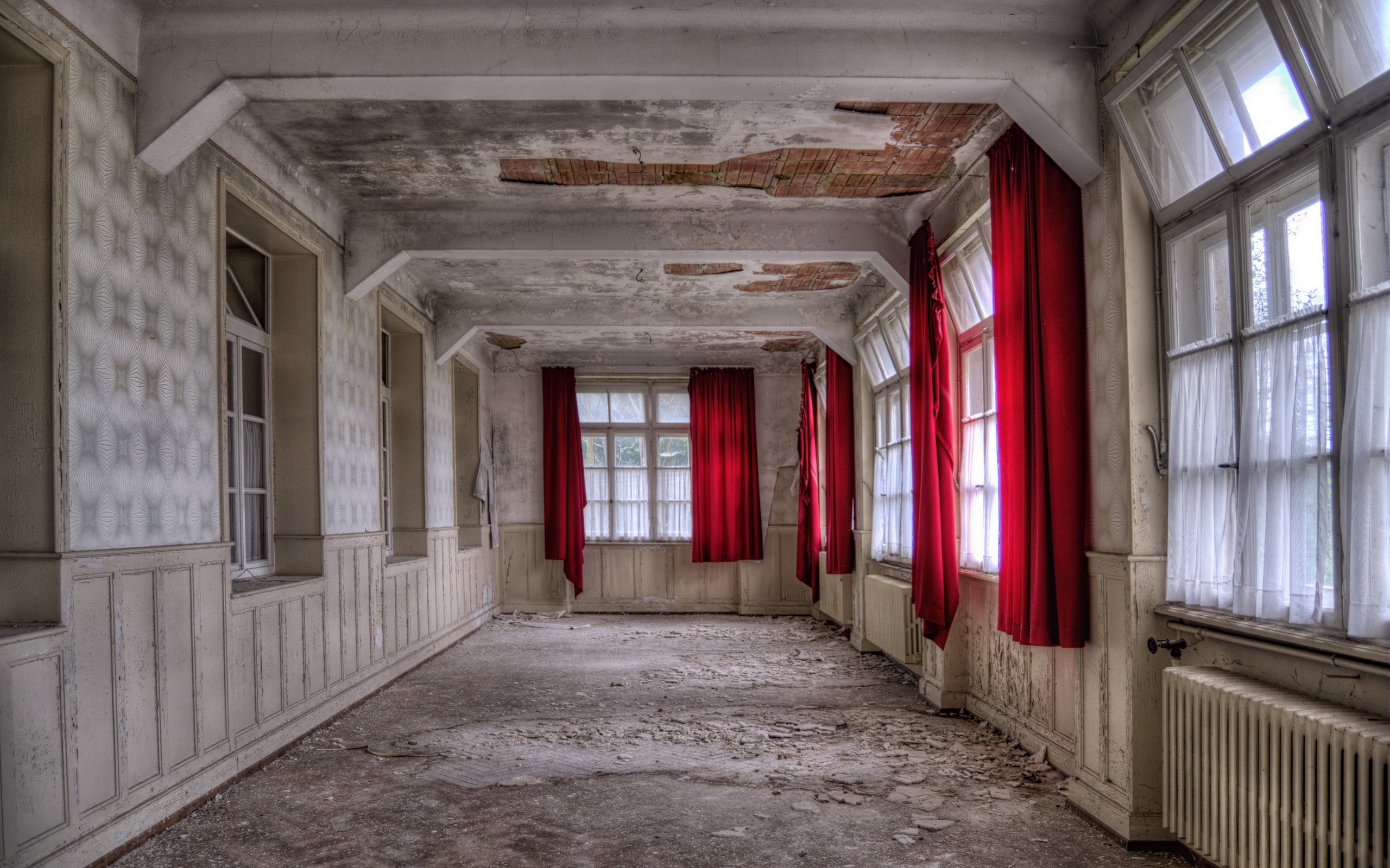 Abandoned hallway with red curtains and windows HD Wallpaper