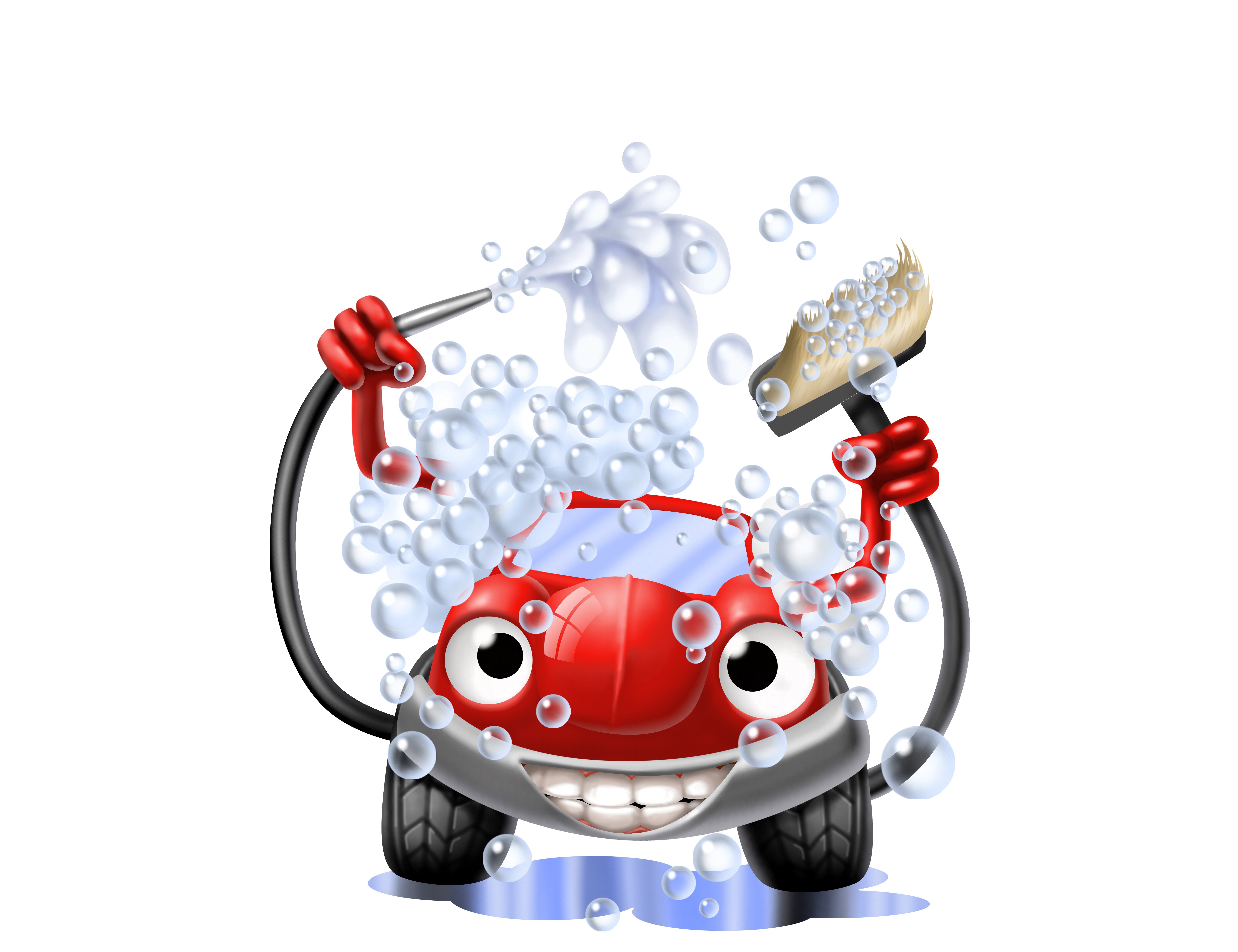 Cartoon red car washing itself with a hose and brush HD Wallpaper