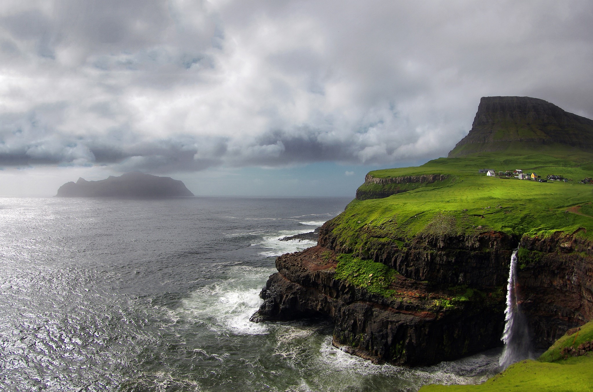 Faroe Islands coastal landscape with waterfall and village HD Wallpaper