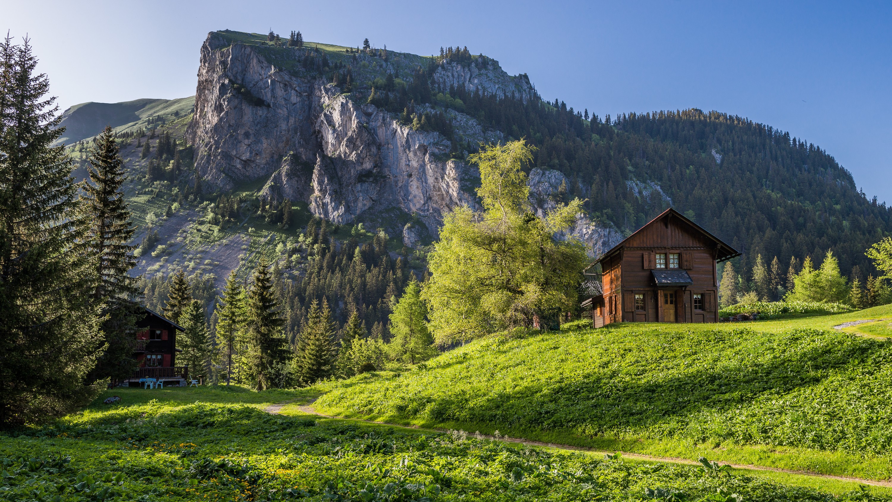 Wooden houses in the Swiss Alps with rocky mountain backdrop HD Wallpaper
