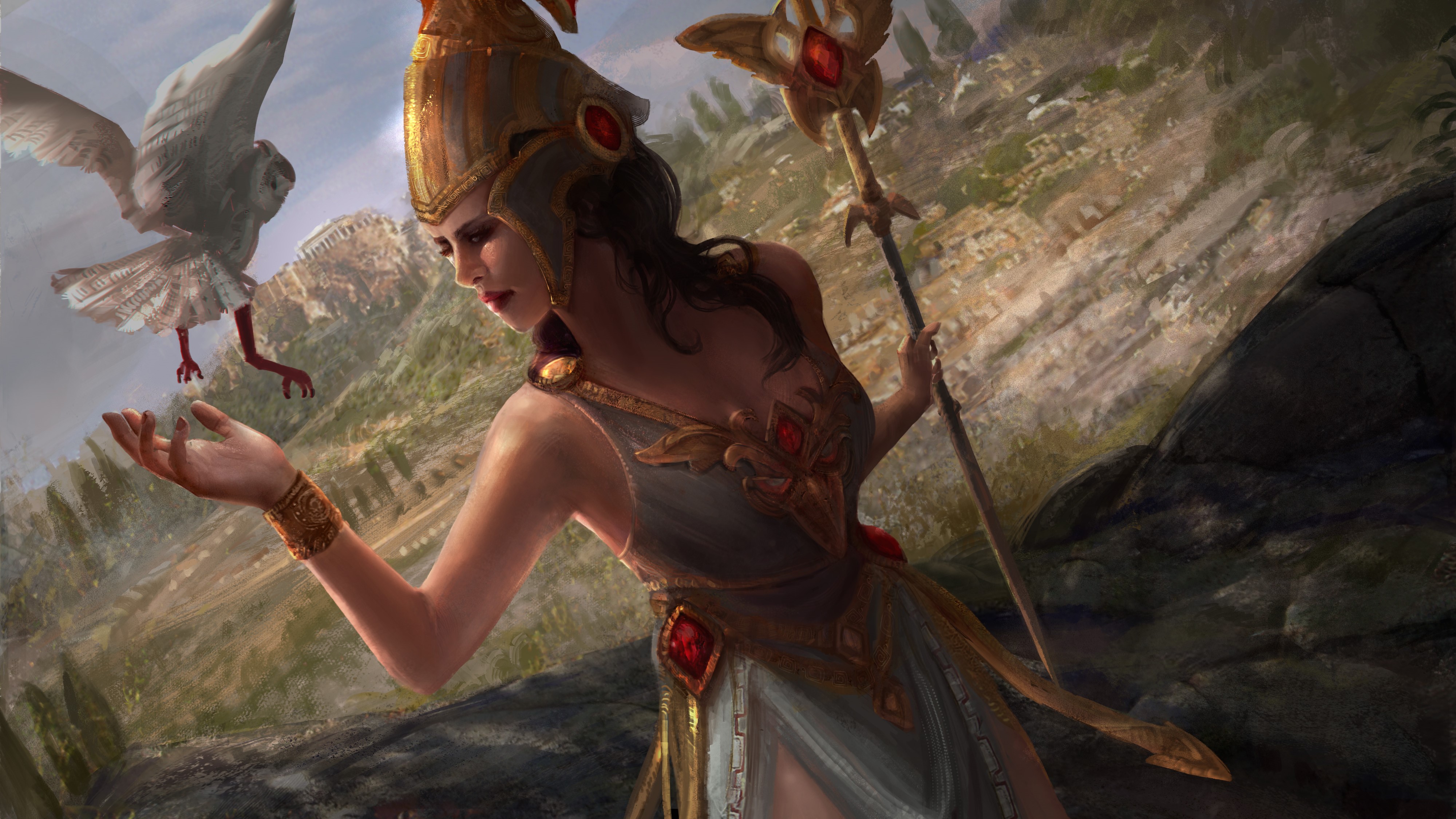 Athena from Heroes of Newerth with owl and staff HD Wallpaper