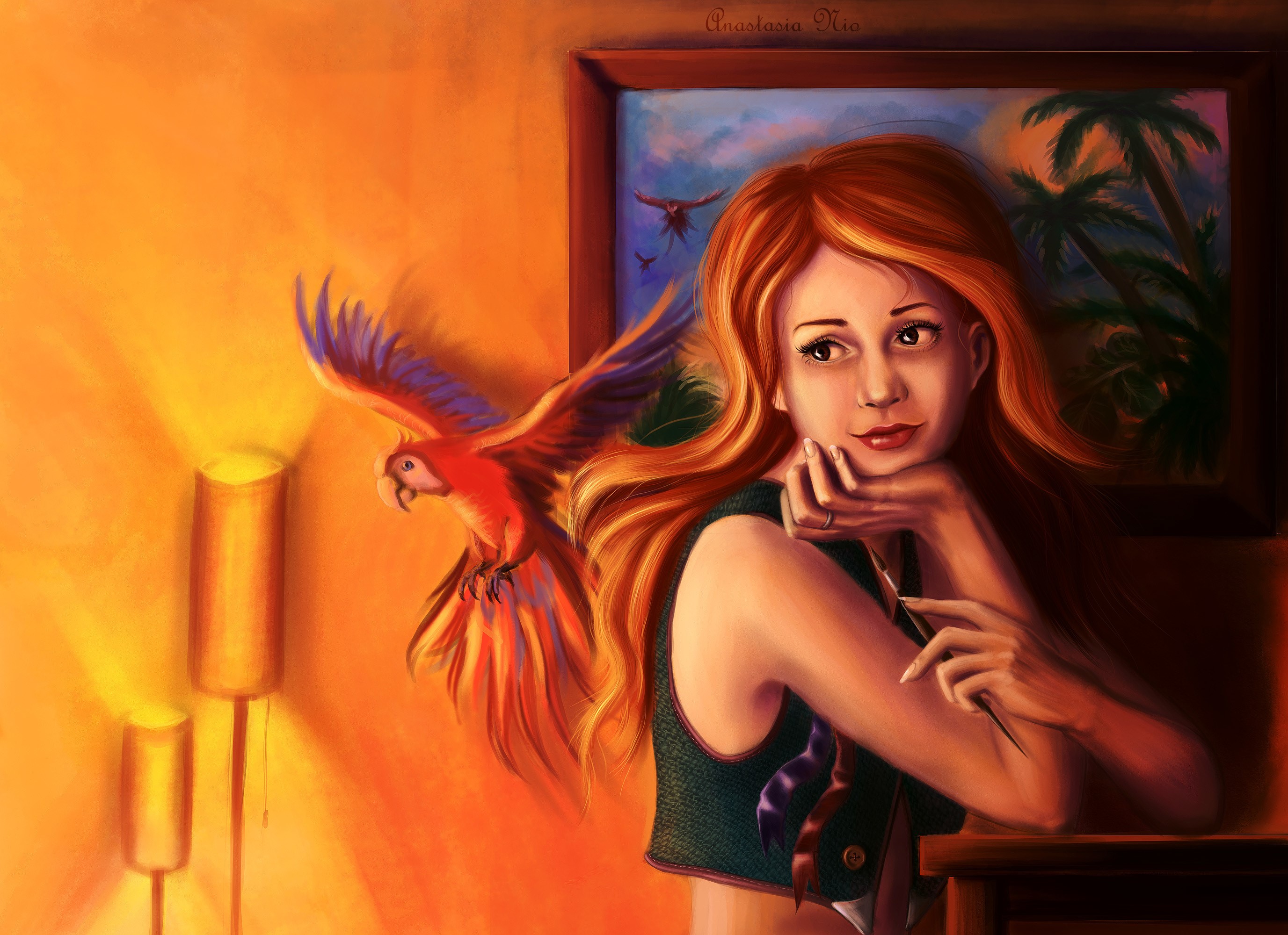 Redhead girl with parrot and painting HD Wallpaper