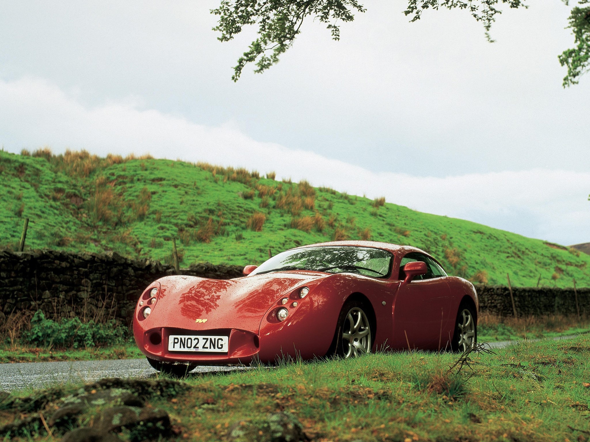 Red TVR T440 parked on a grassy roadside HD Wallpaper