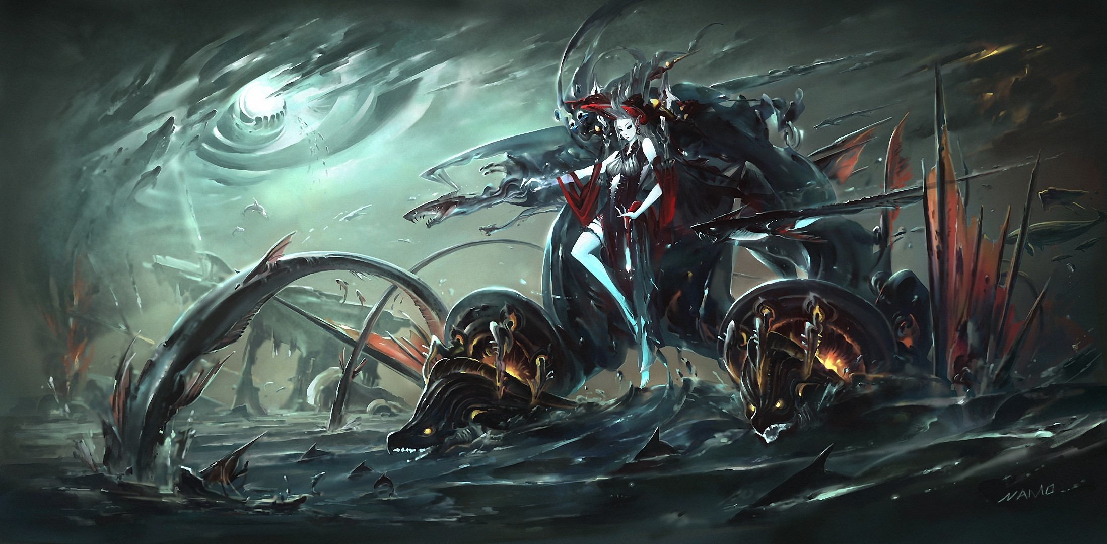 A woman in a dark vehicle with monstrous elements HD Wallpaper