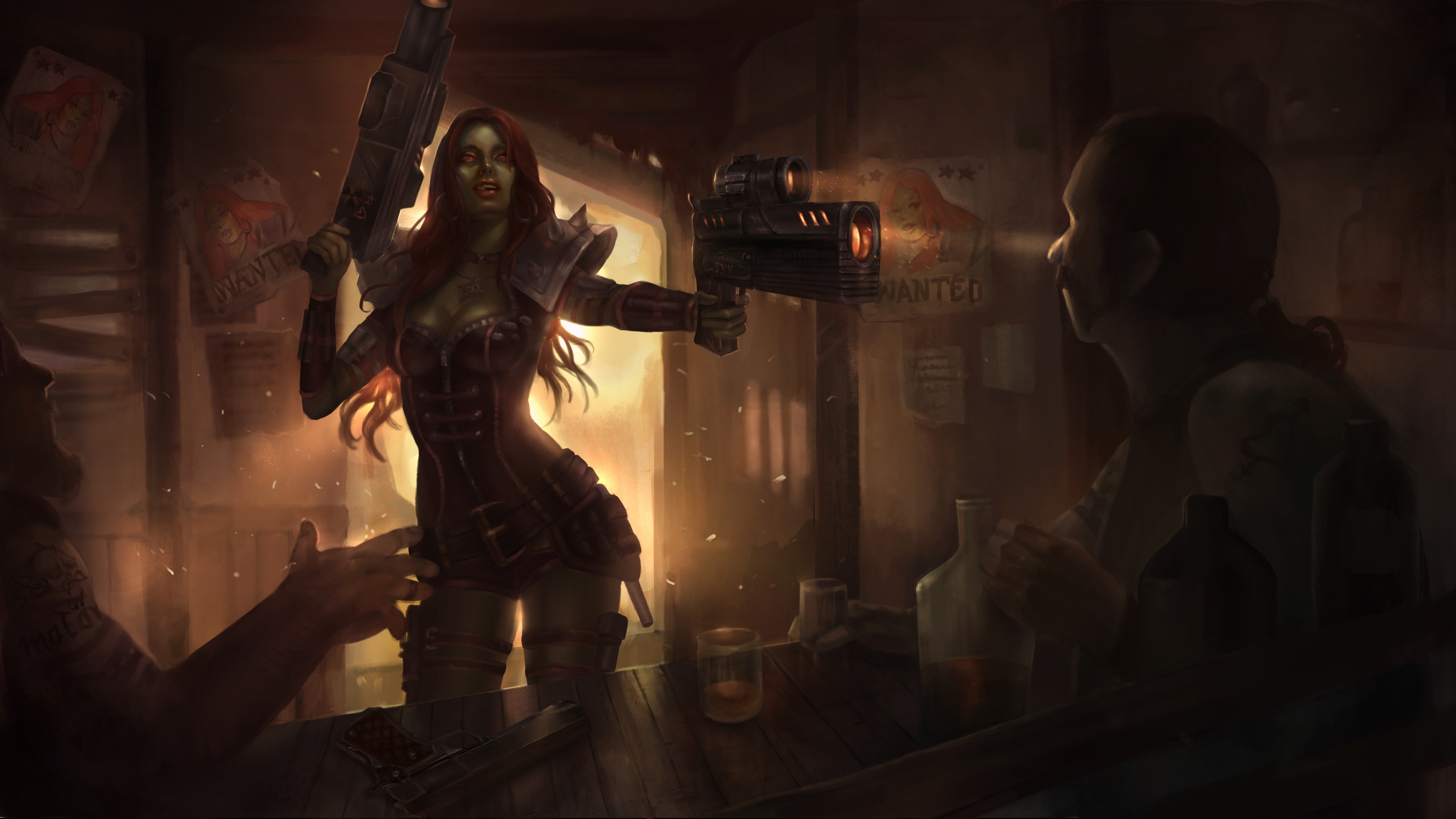 Heroes of Newerth Warriors with Pistols in a Bar HD Wallpaper