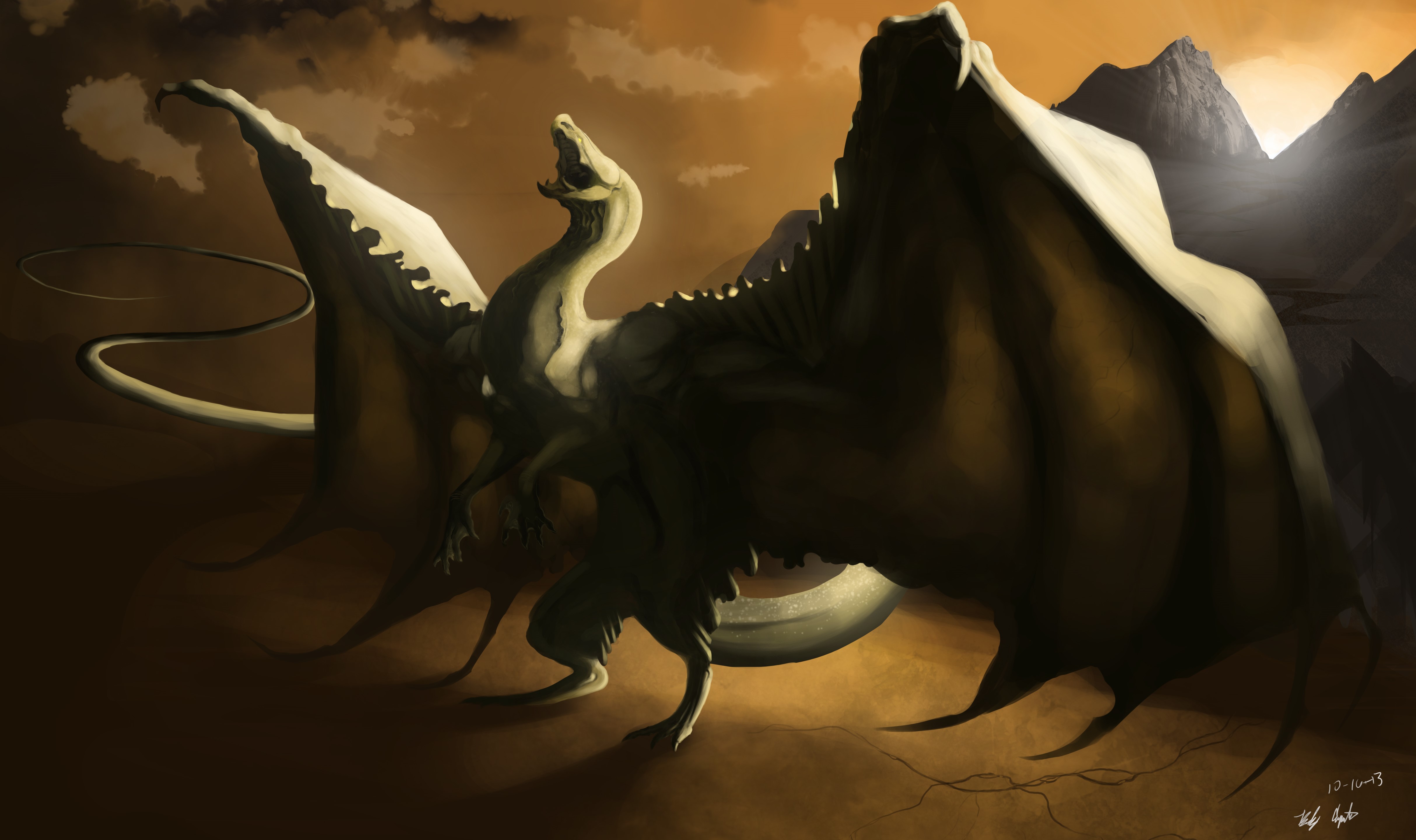 Dragon with wings in a mountainous landscape HD Wallpaper