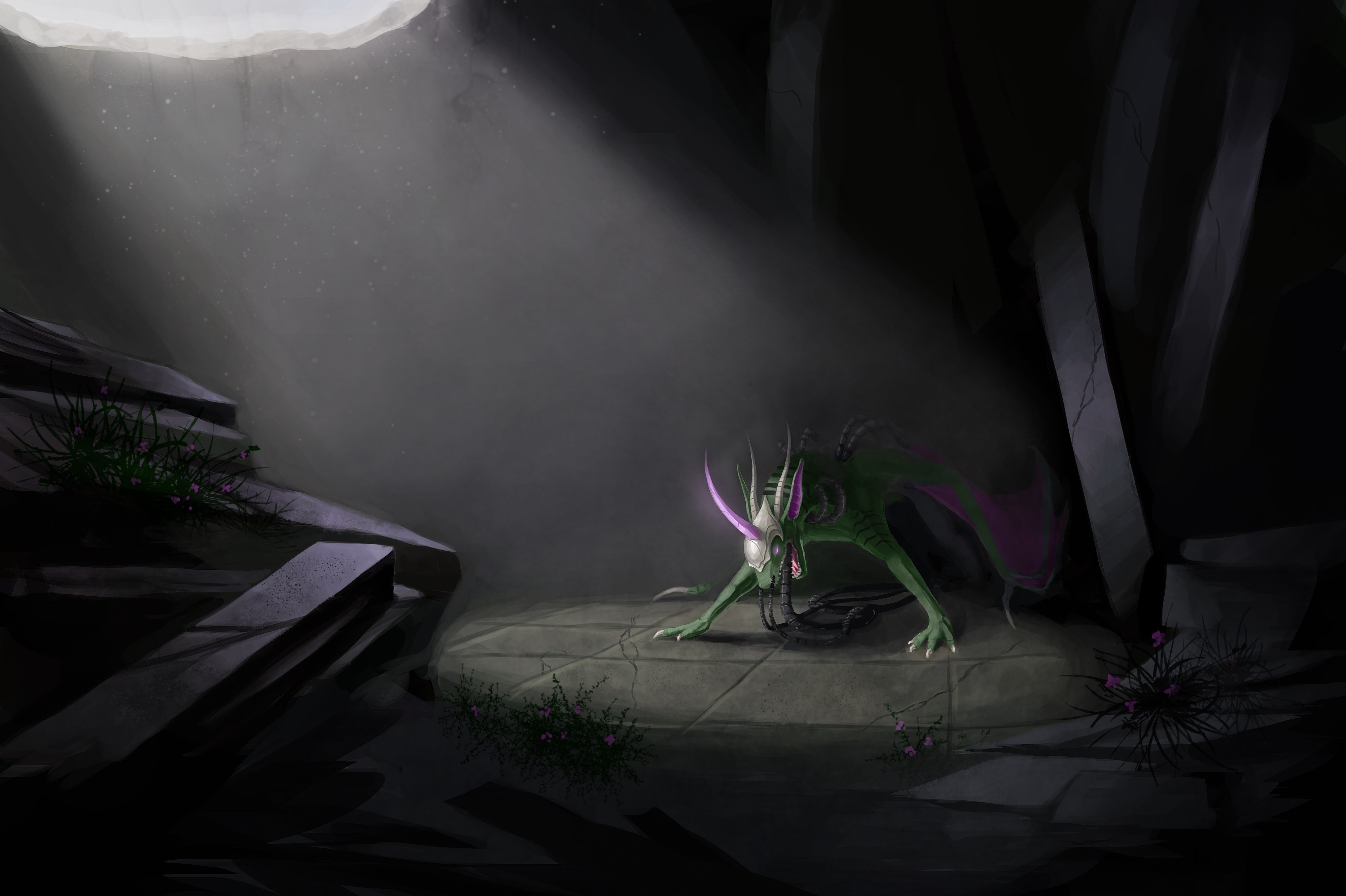 Green dragon with horns in a cave HD Wallpaper