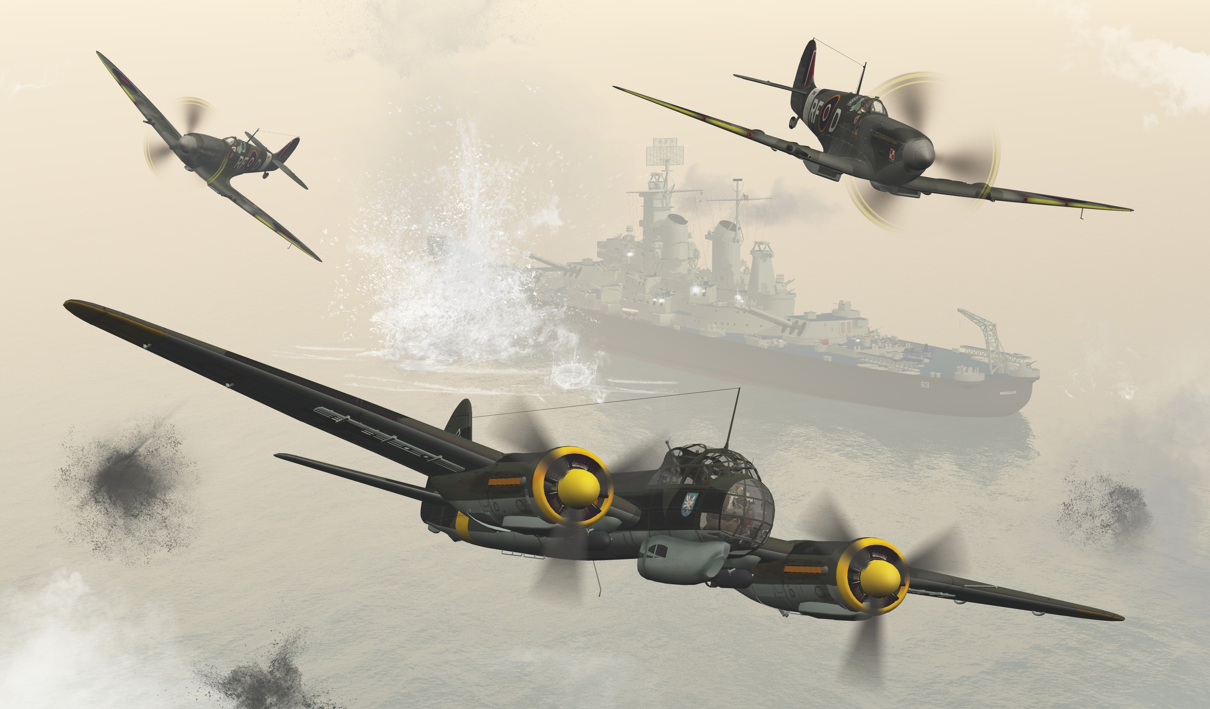 4K Airplanes and Battleship in Combat HD Wallpaper