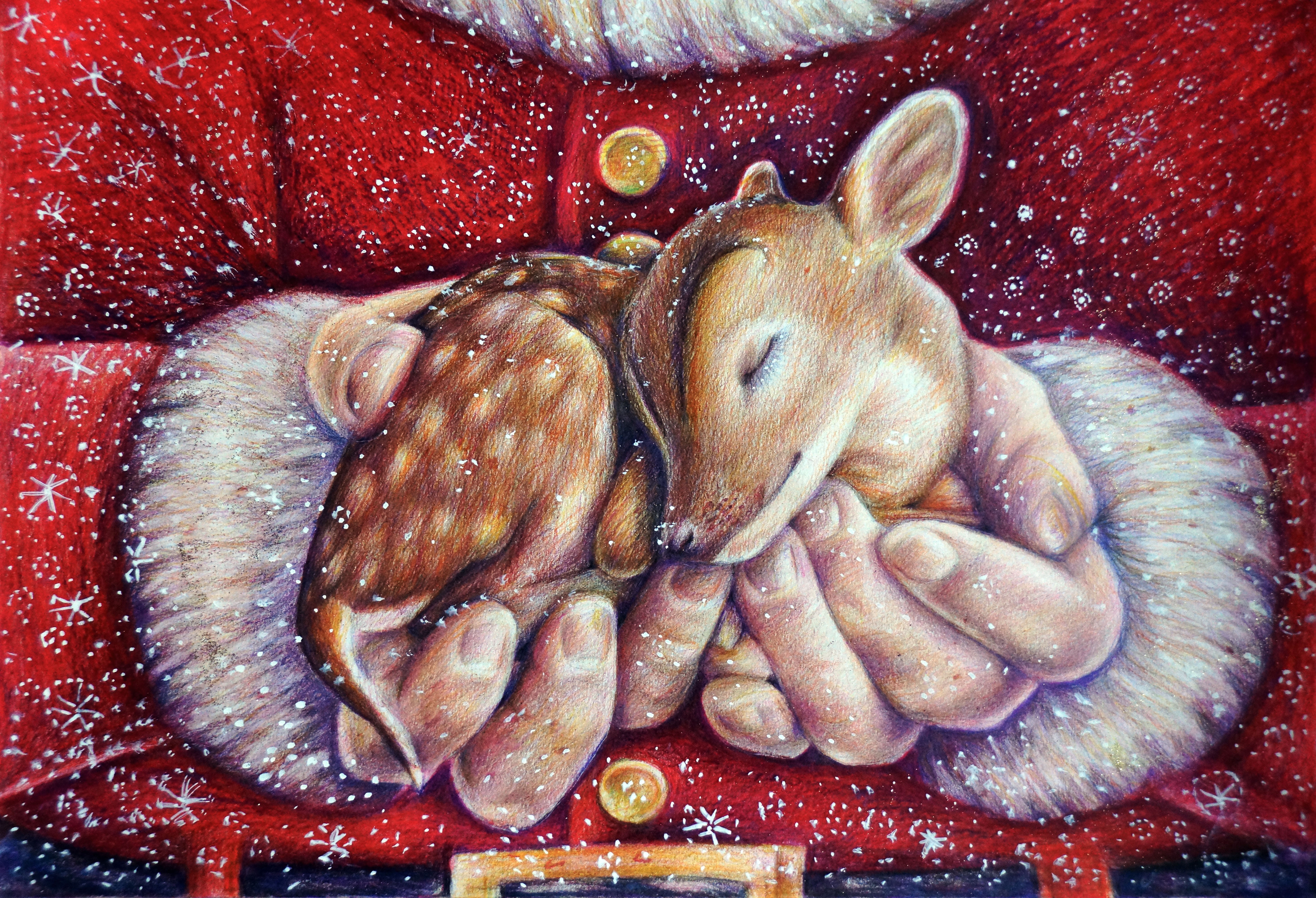 Santa holding a sleeping fawn, Christmas painting HD Wallpaper