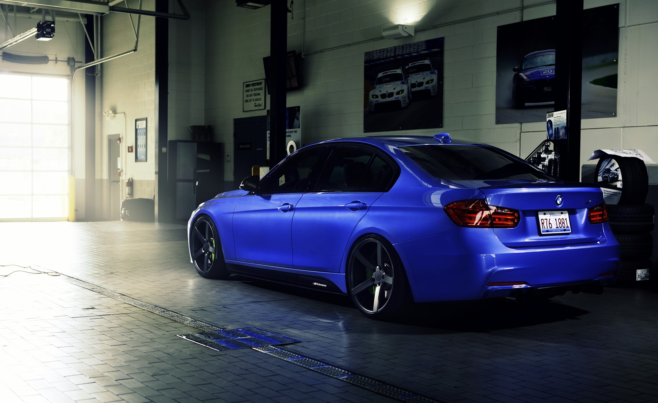 Blue BMW 335i F30 in a garage HD Wallpaper