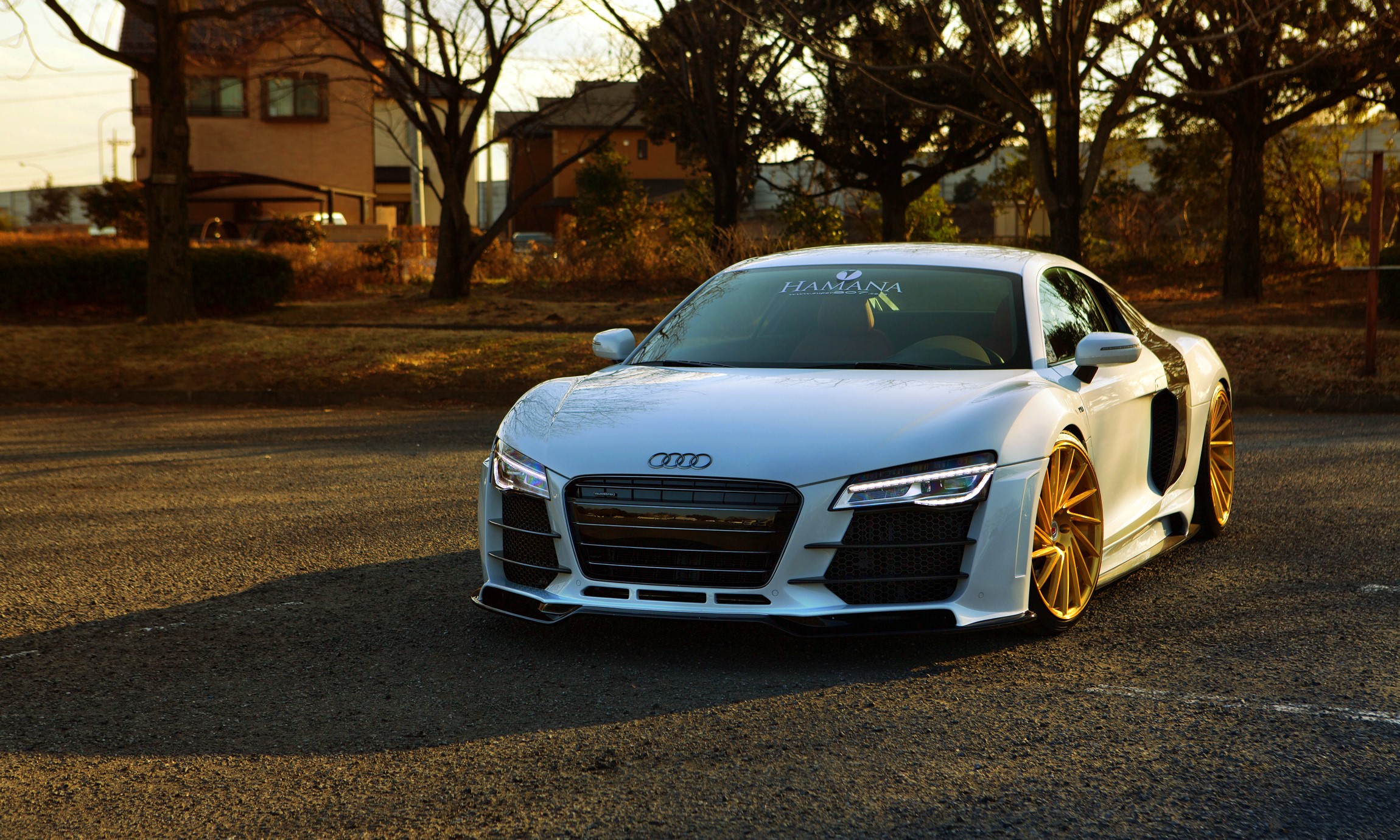 White Audi R8 with gold rims HD Wallpaper